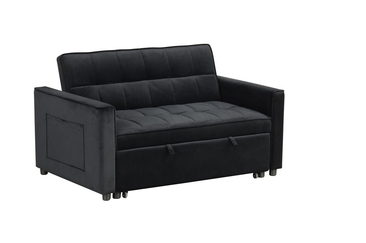 Maeve 53.5"W Black Velvet Convertible Sleeper Loveseat with Tufting and Side Pockets