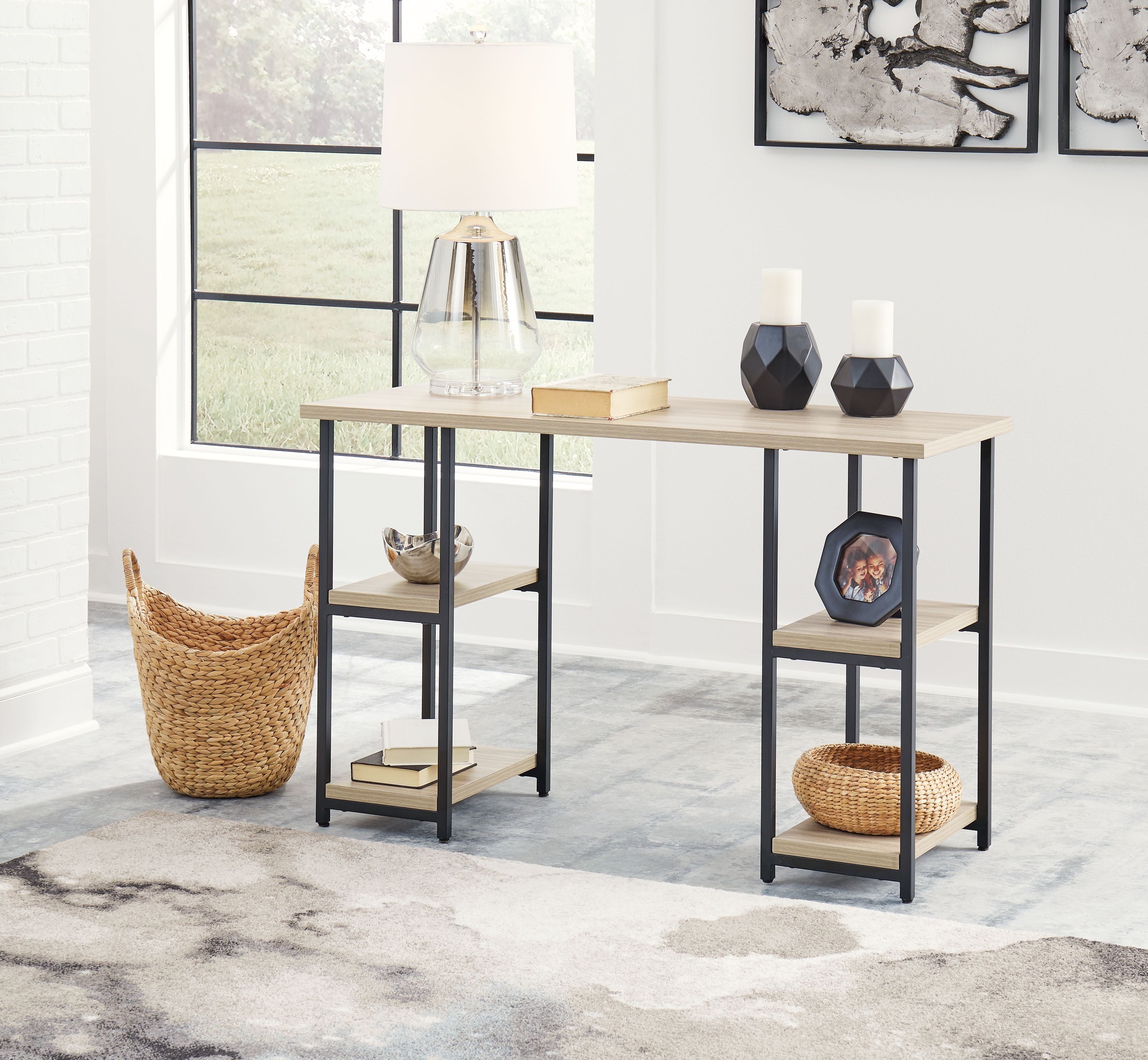 Signature Design by Ashley® Waylowe - Natural / Black - Home Office Desk - Double-Shelf Pedestal | Meri Furniture