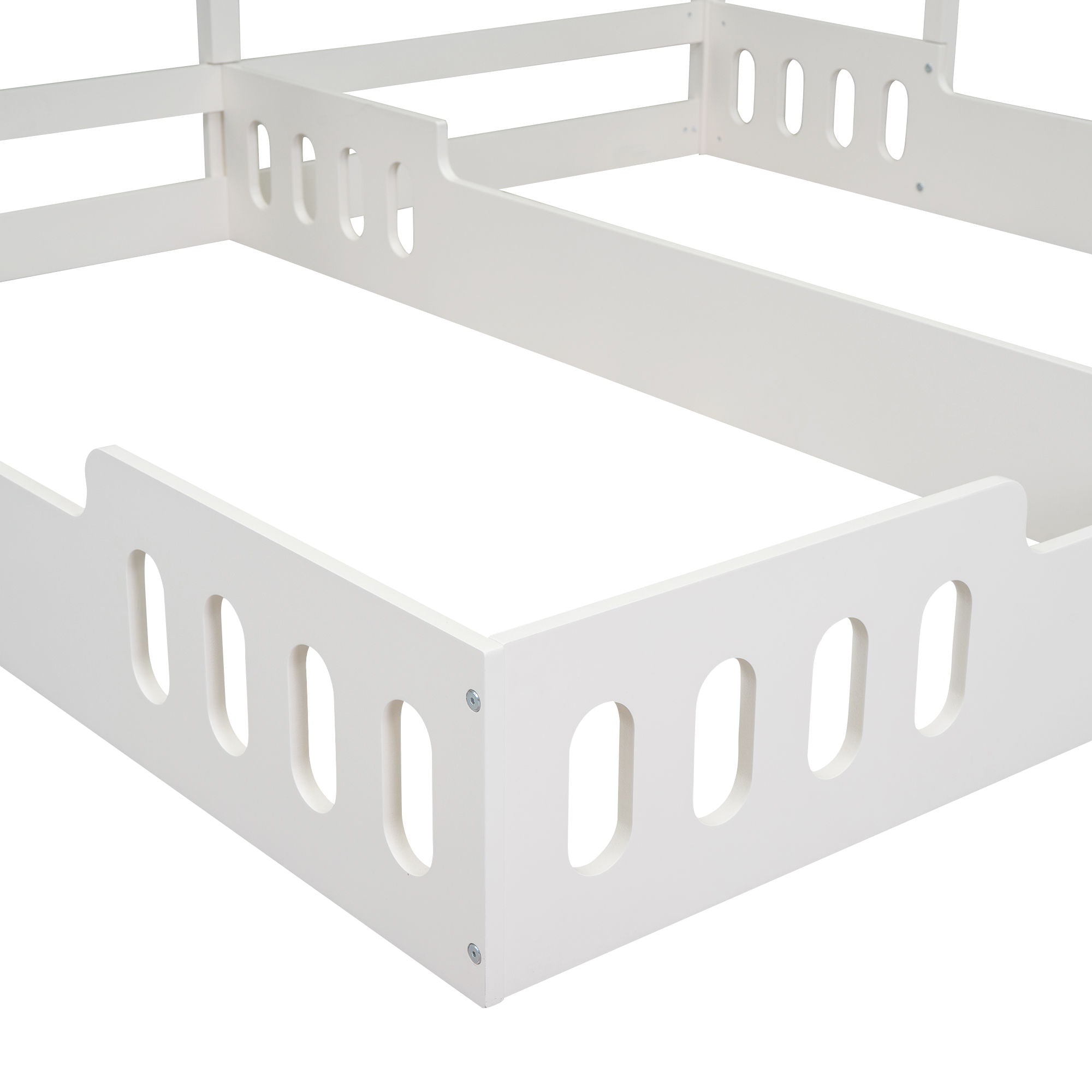 Twin Size Platform Bed With Shared Design, Guardrails, And Built In Shelves - Creamy White