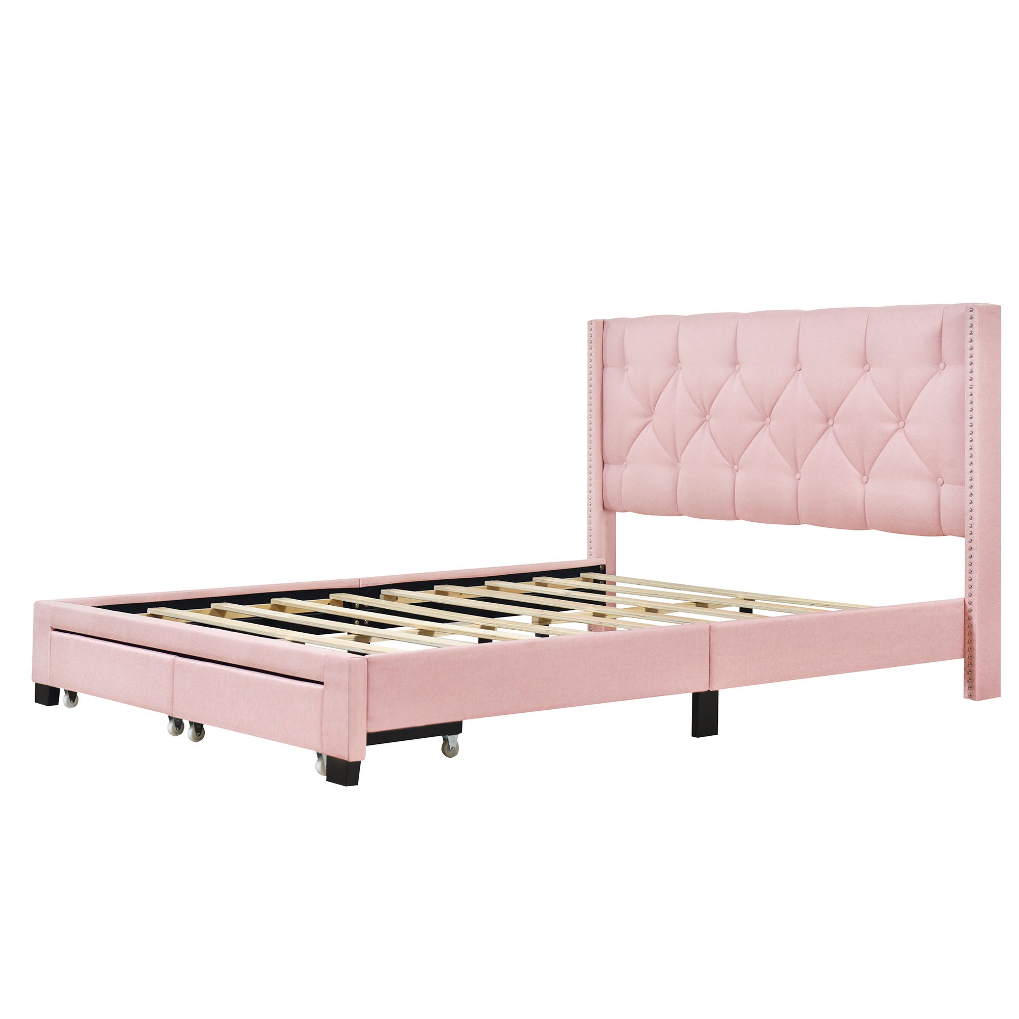 Queen Size Storage Bed Linen Upholstered Platform Bed & Two Drawers - Pink