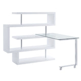 Writing Desk w/Swivel Function 360 Open Storage: 4 Shelves Clear Glass Desk Top High Gloss Finish 2 Wheels Included