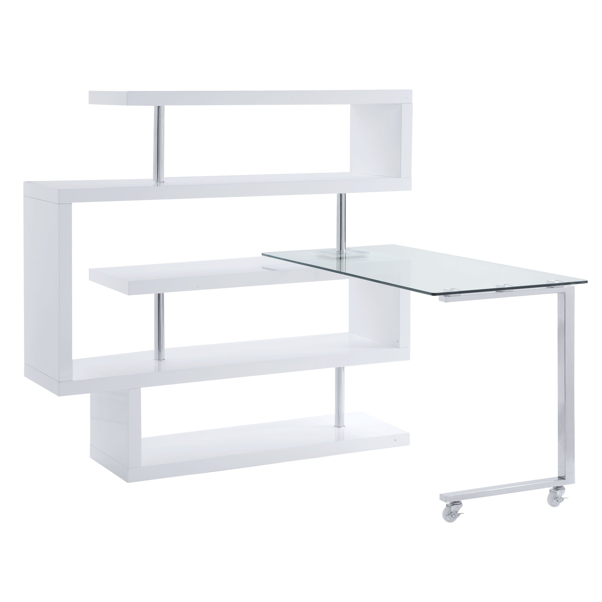 ACME Writing Desk w/Swivel Function 360 Open Storage: 4 Shelves Clear Glass Desk Top High Gloss Finish 2 Wheels Included | Meri Furniture