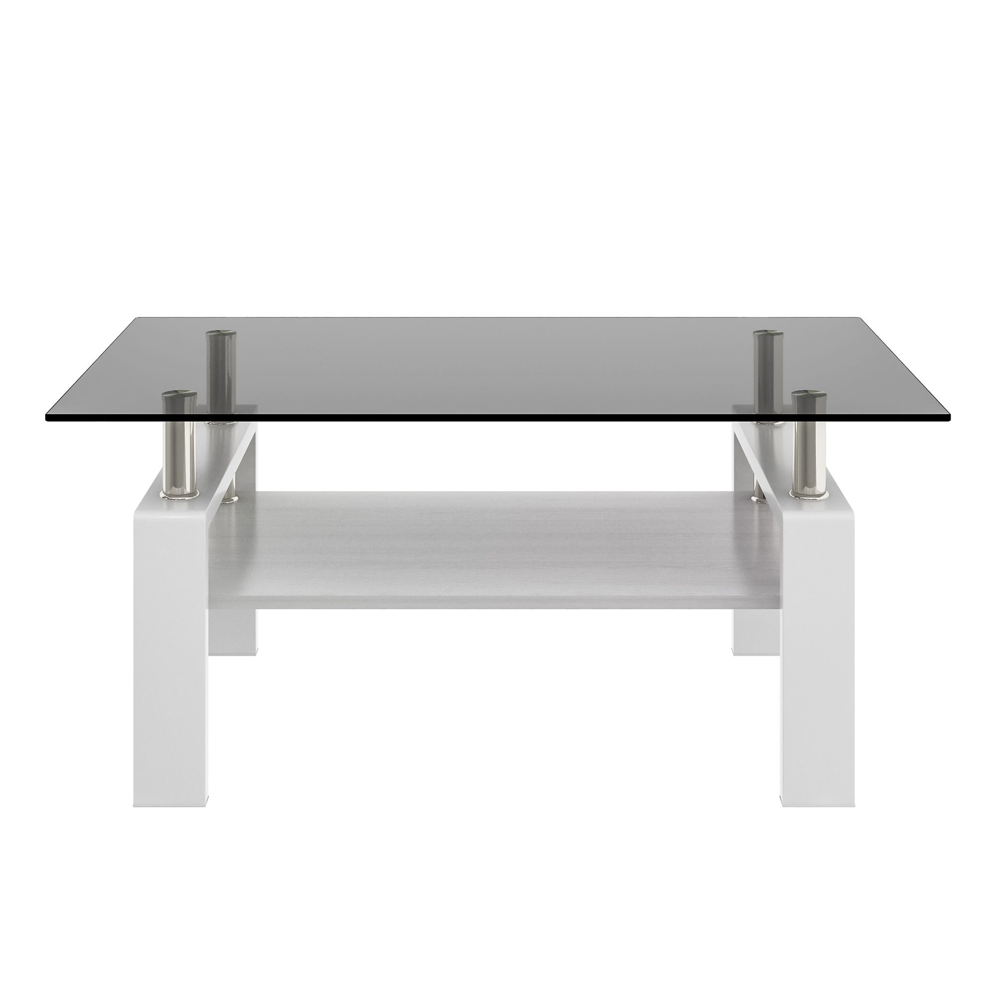 Modern Rectangular Coffee Table With Tempered Transparent Glass Top And Storage Shelf