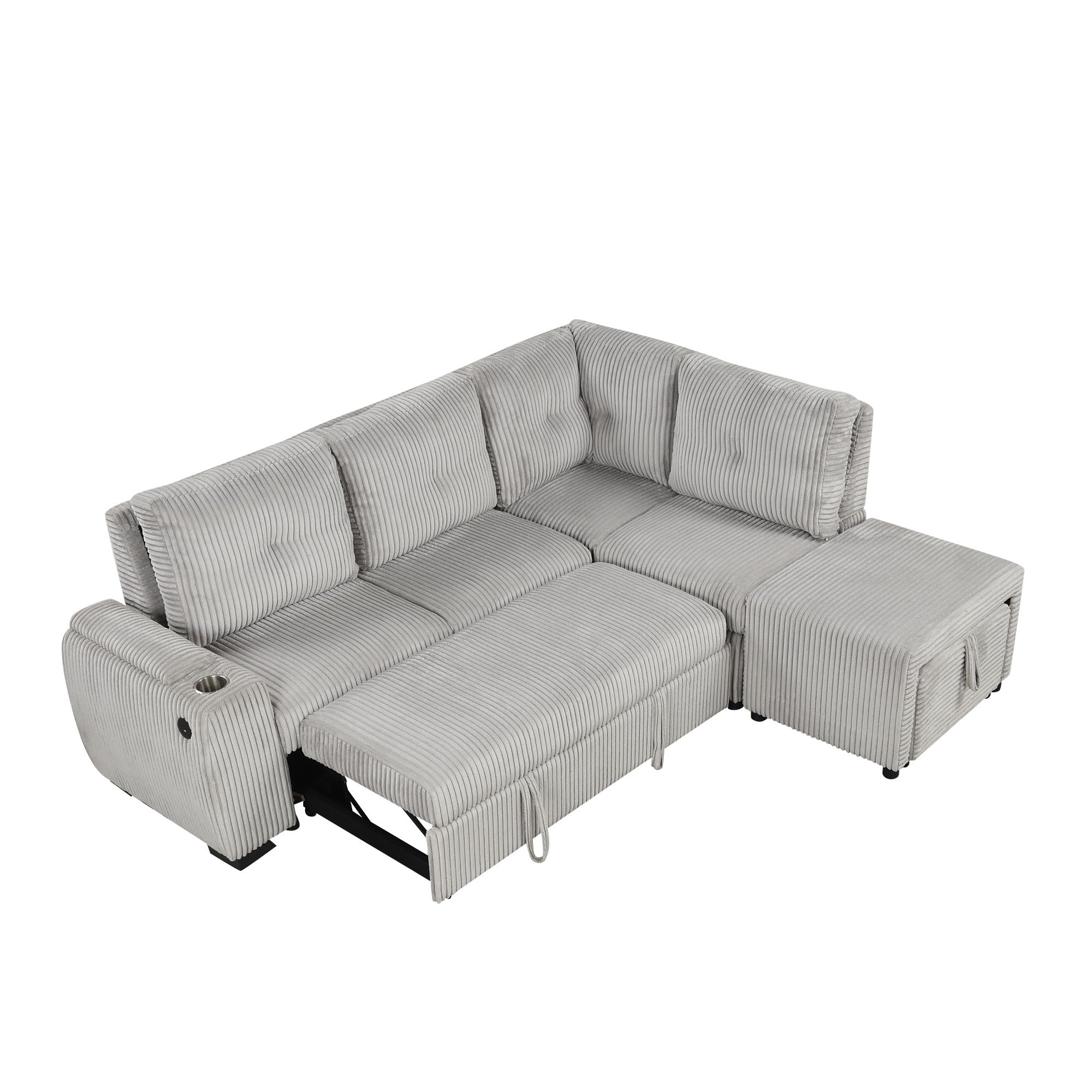 Pull-Out L-Shaped Sectional Sofa With Movable Ottoman And Stool, Large Storage Space, A Cup Holder, And 2 USB Ports For Living Room