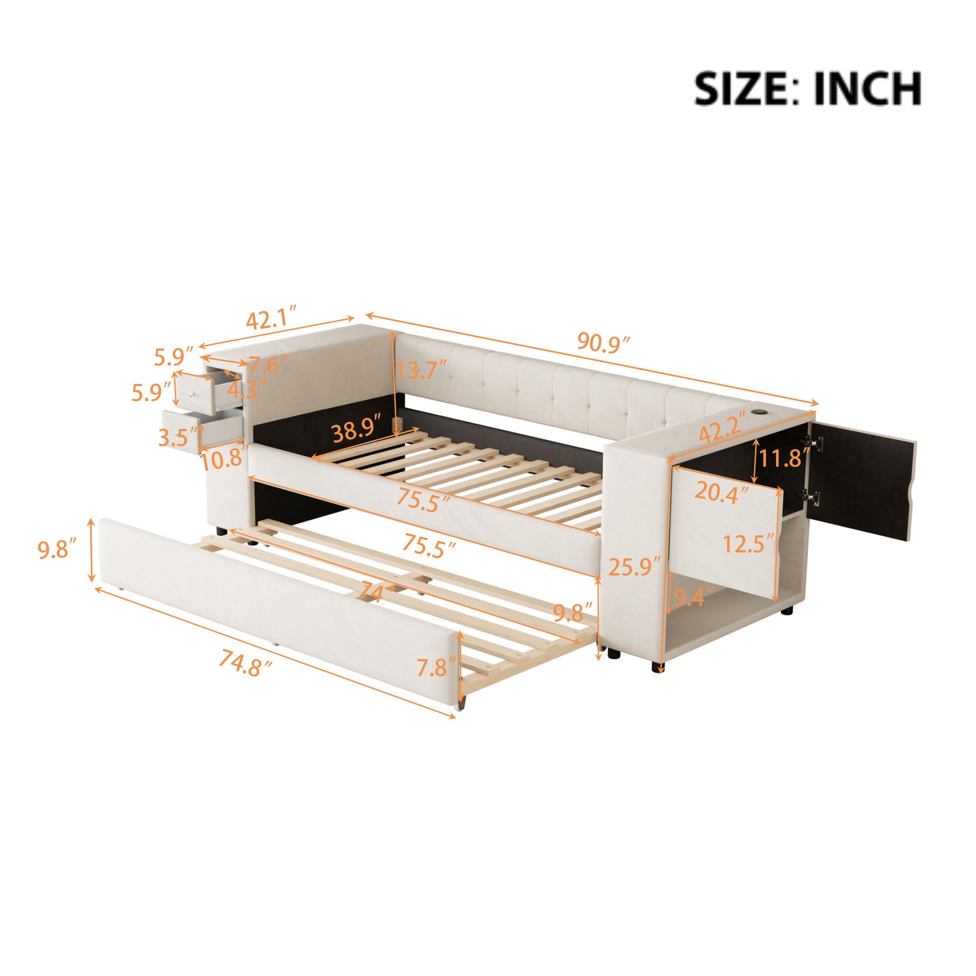 Upholstered Bed With Storage And Twin Trundle, USB Charging Ports