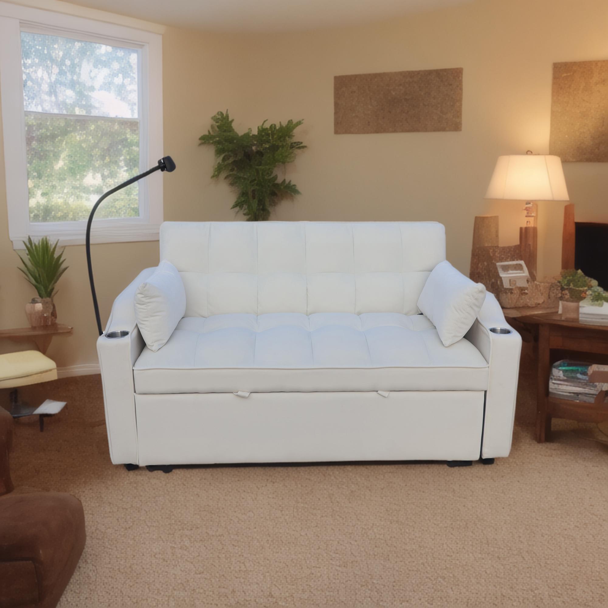 Modern Velvet Loveseat With Pullout Bed, Adjustable Reclining Backrest