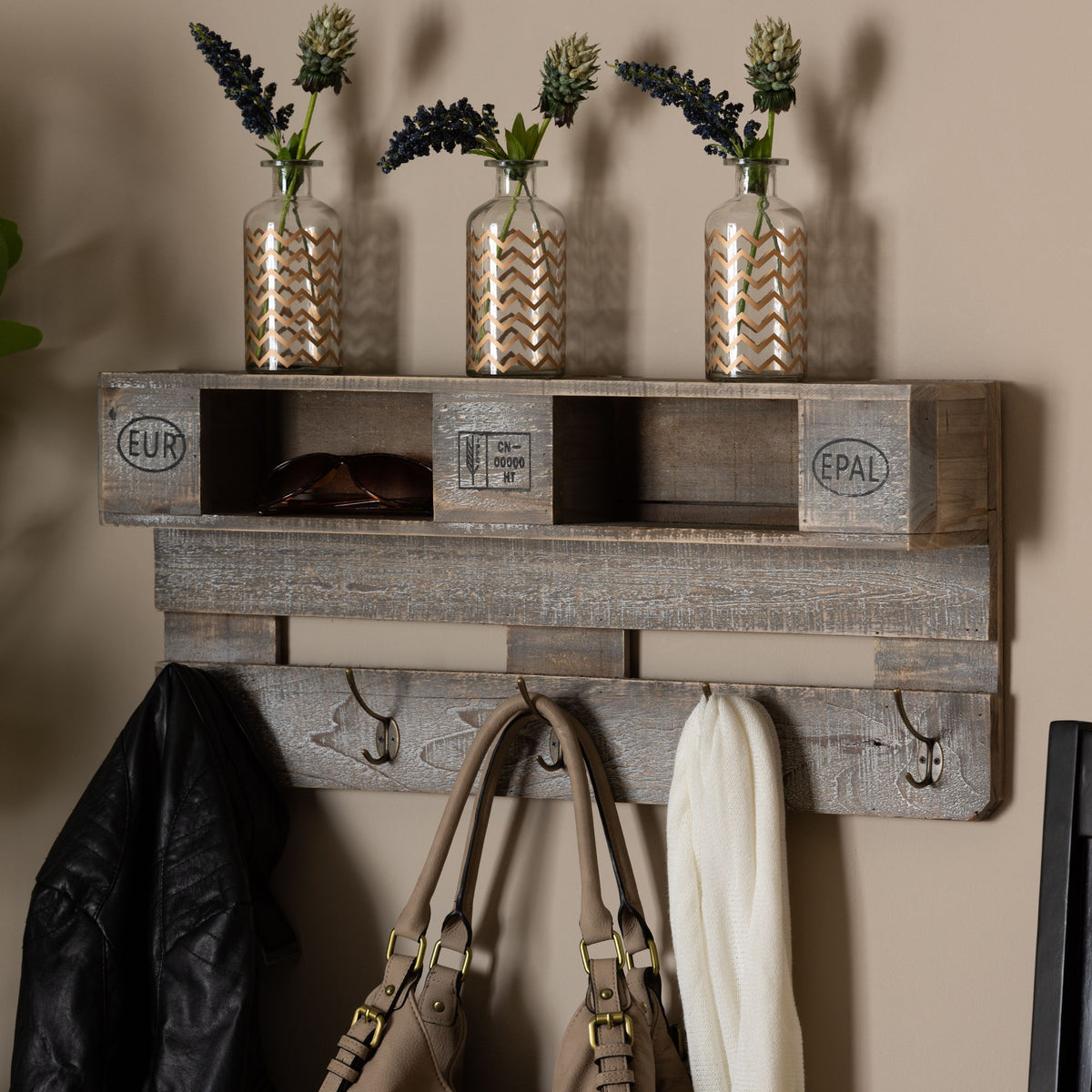 Ferguson Vintage Rustic Whitewashed Grey Oak Finished Wood Wall Mounted Coat Rack with Shelves