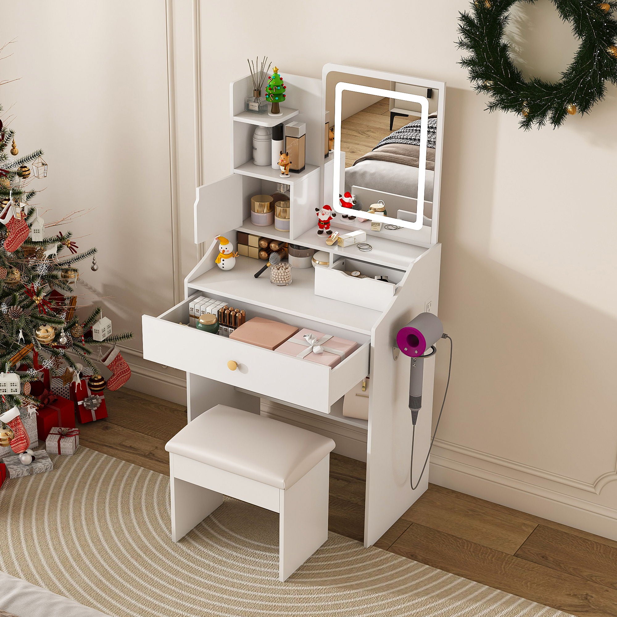 LED Vanity Mirror With Stool, 2 Drawers & 5 Storage Cabinets, Adjustable Lighting Mdf Dressing Table For Bedroom - White
