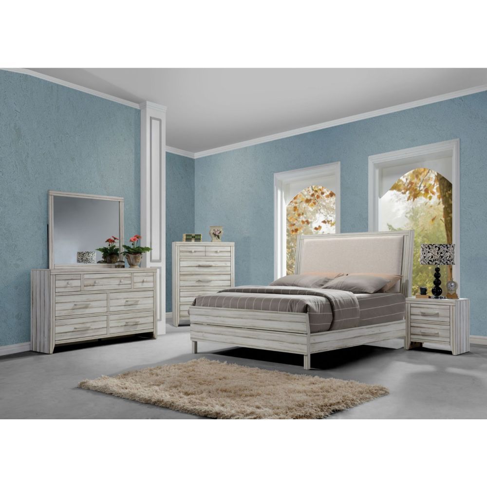 ACME Shayla - Eastern King Bed - Fabric & Antique White | Meri Furniture