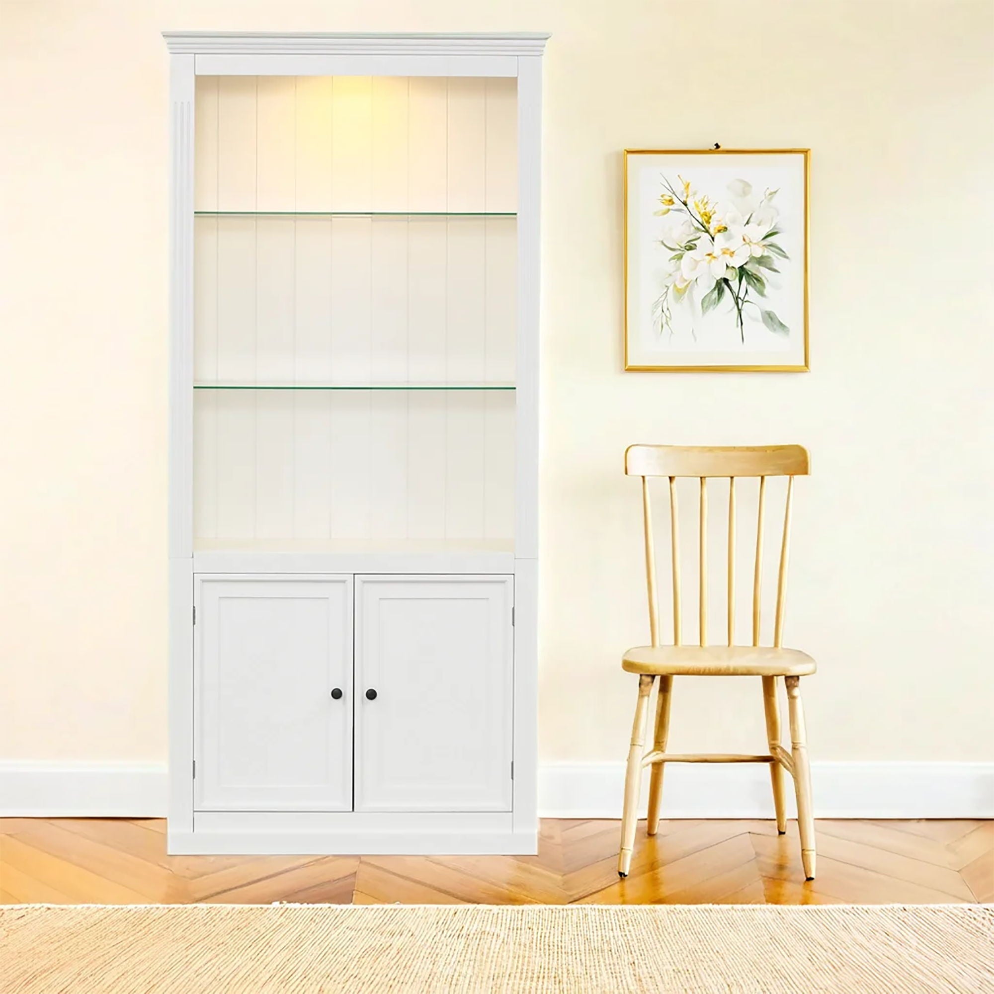 Retro Style Display Bookcase With Adjustable LED Ceiling Light And Tempered Glass Shelves - White