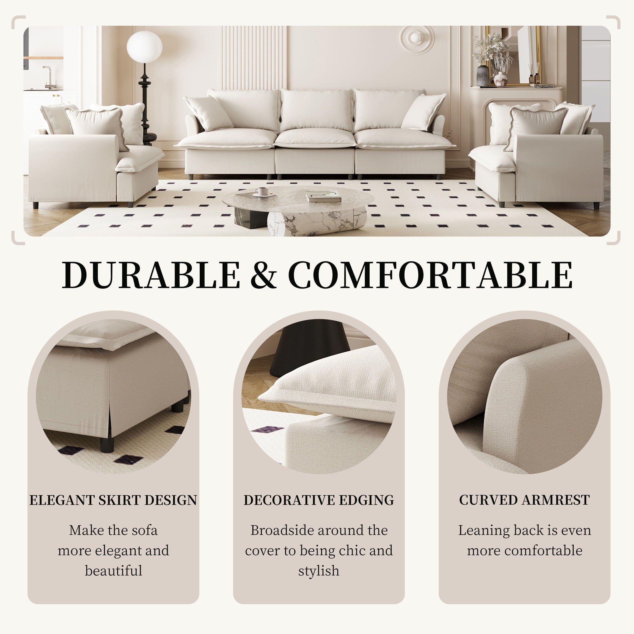 Living Room Set Modular Sectional Couch, Upholstered Sofa & Armchair & Movable Ottoman