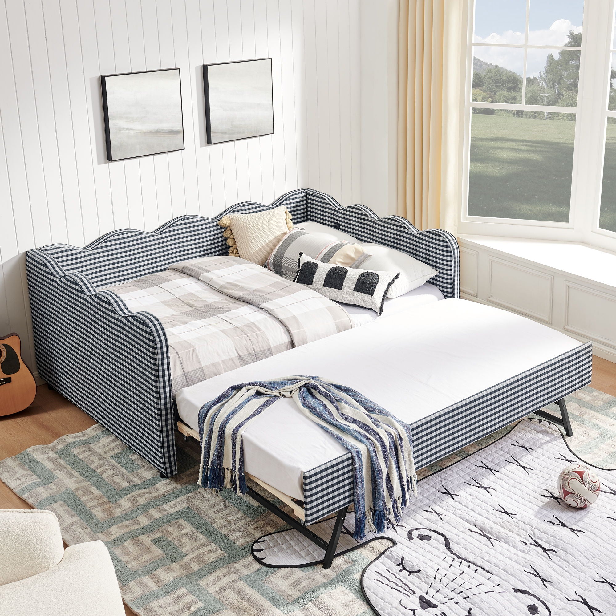 Gingham Daybed With USB Charging Port, Wave-Shaped Design