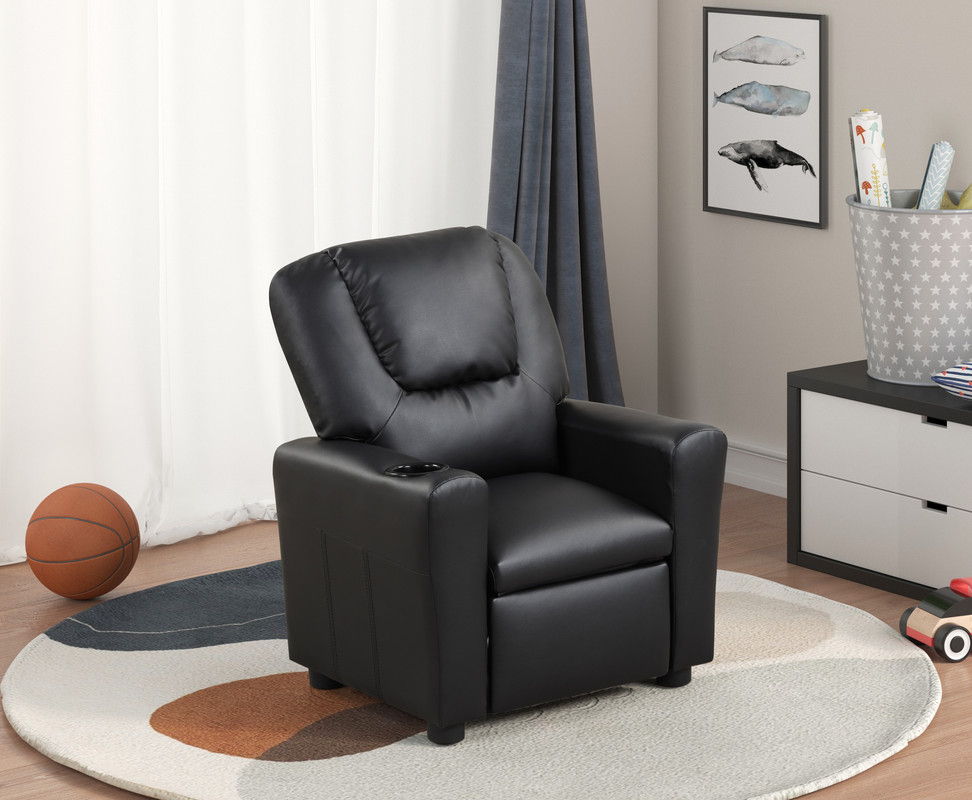 Marisa 23"W Black PU Leather Kids Recliner Chair with Cupholder