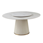 Modern Sintered Stone Dining Table With Turntable And Wood Metal Pedestal With 4 Chairs - Beige / White