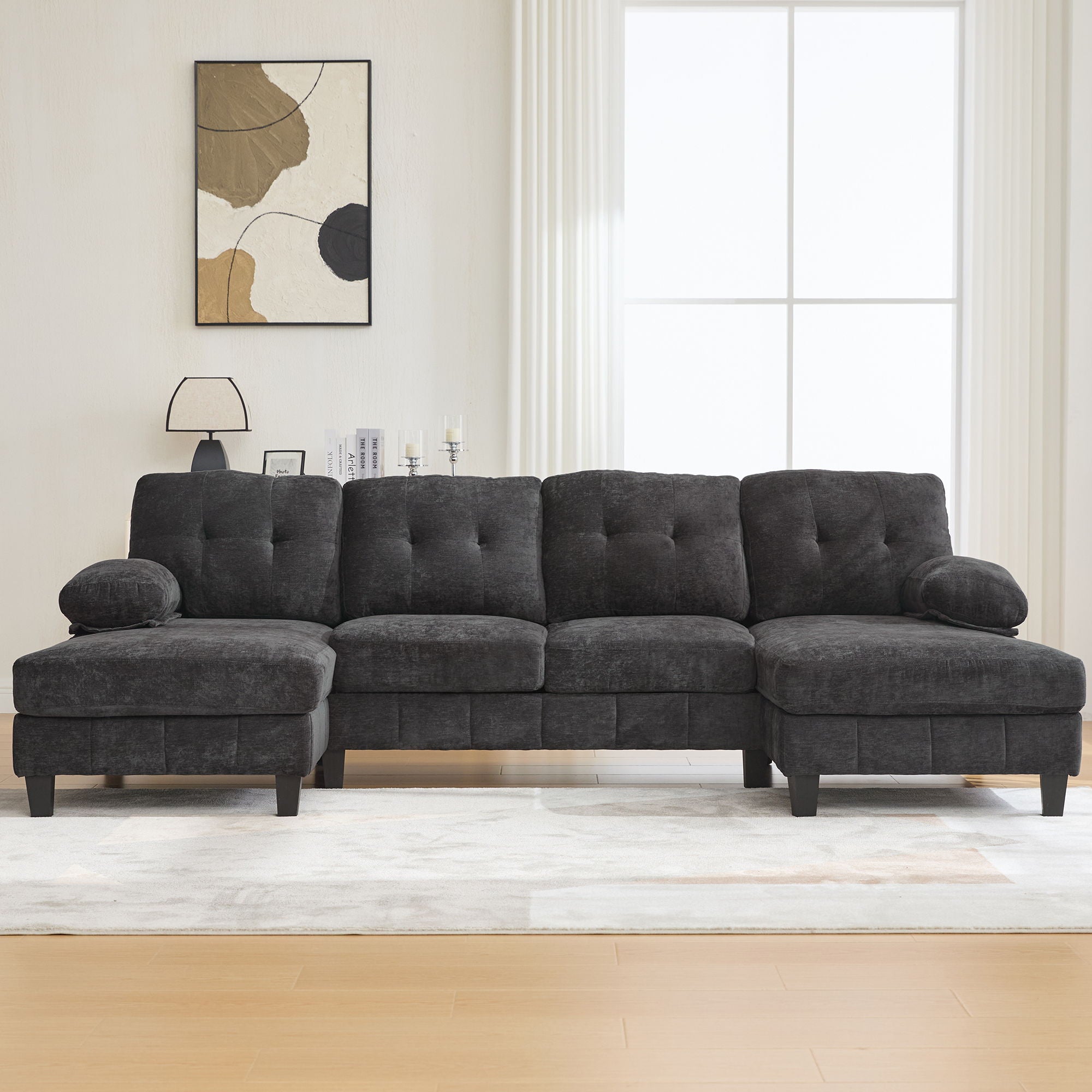 U-Shaped Sectional Sofa 103.5" Black Chenille Fabric Couch With Dual Chaise Lounges, Storage Pockets, Armrest Pillows