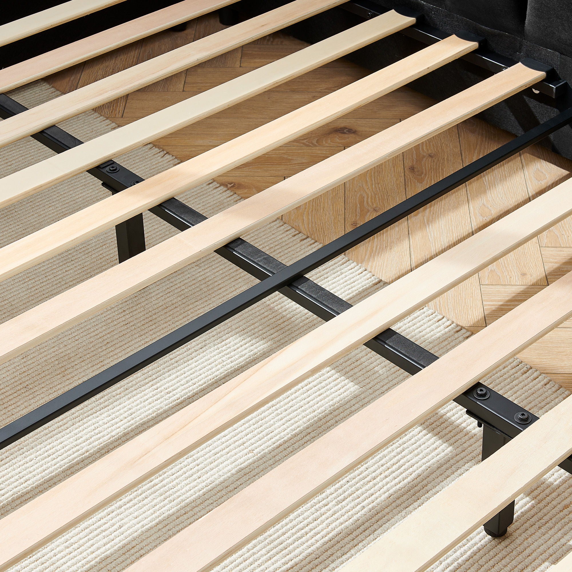 Mid-Century Upholstered Tufted Bed Frame With Backrest And Armrests