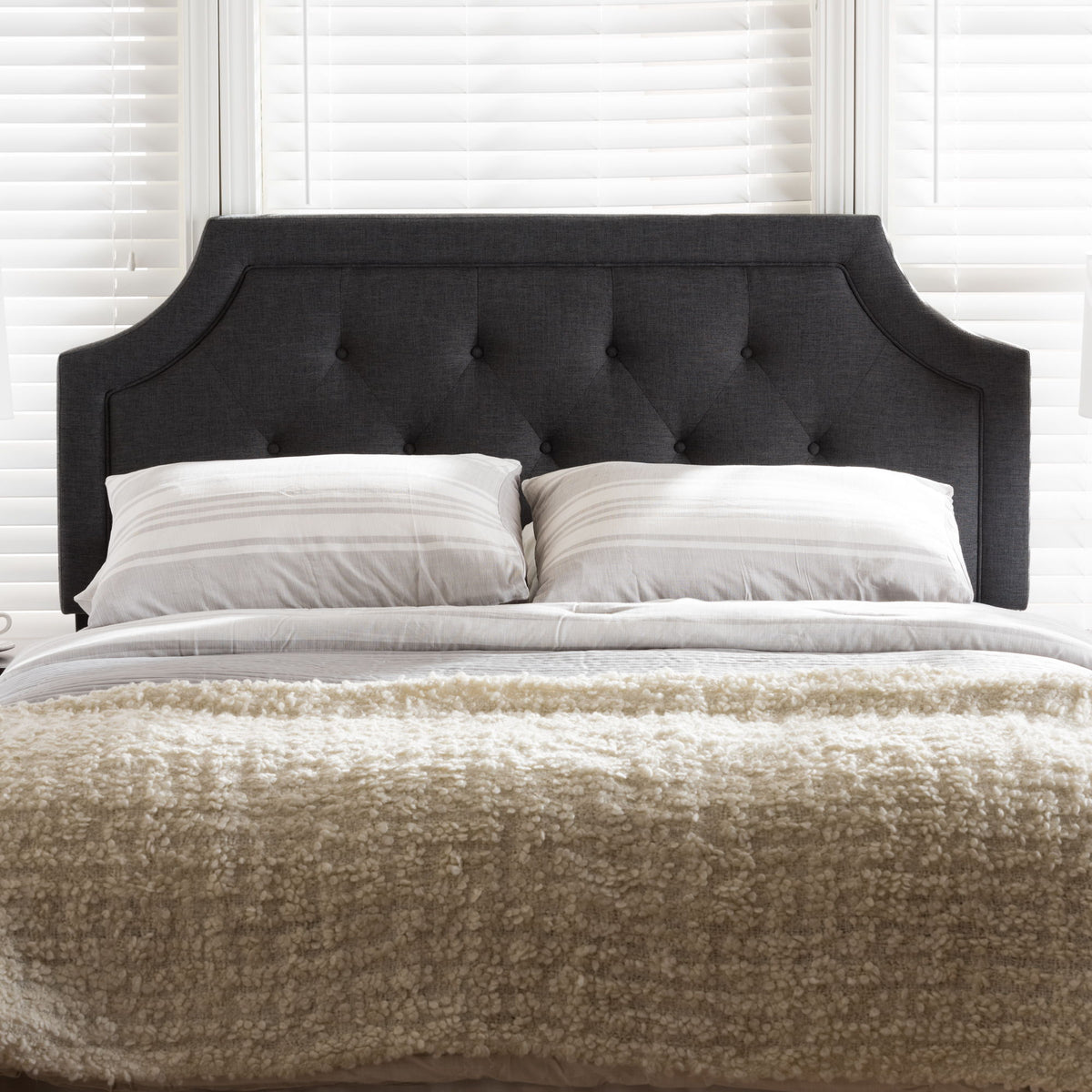 Mars Modern and Contemporary Dark Grey Fabric Queen Size Headboard