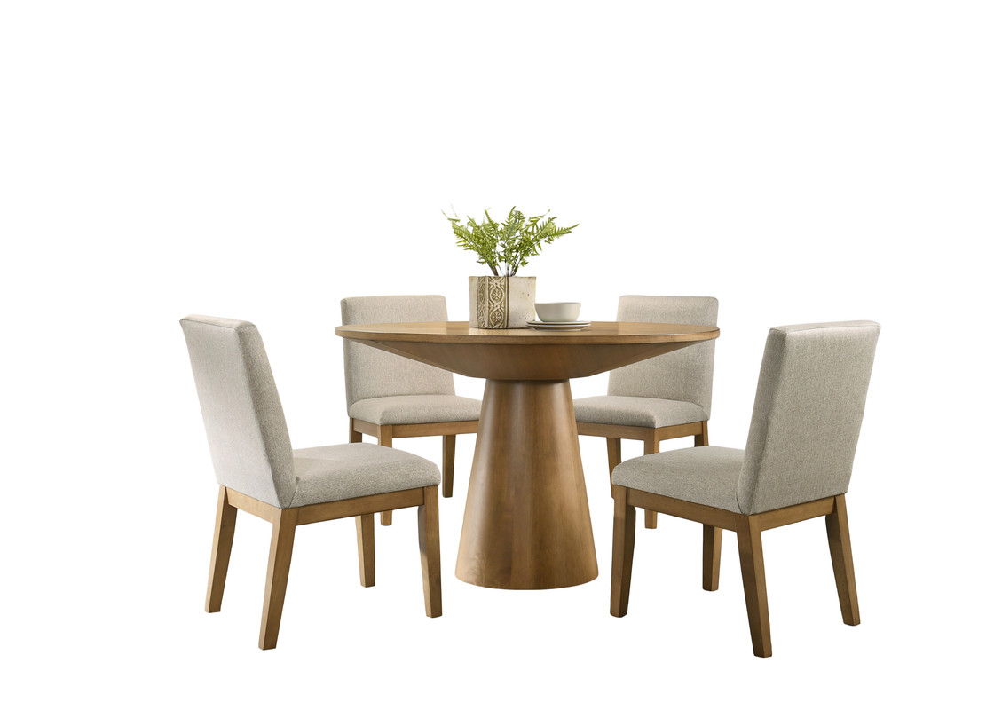 Jasper Driftwood Finish 5 Piece 47" Contemporary Round Dining Table Set with Pedestal Base and Beige Fabric Chairs