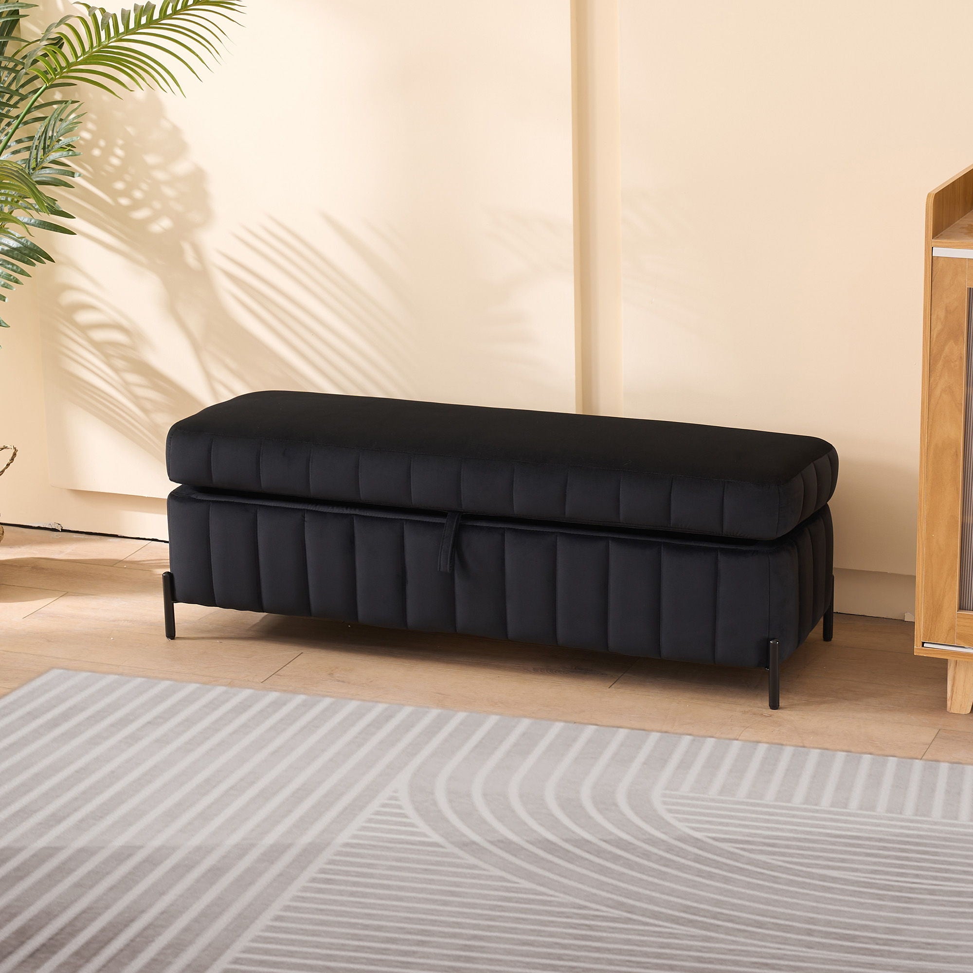 Wide Upholstered Velvet Storage Soft Bench Ottoman With Metal Legs