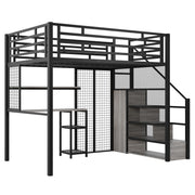 Metal Loft Bed With Wardrobe, Desk, Storage Shelves