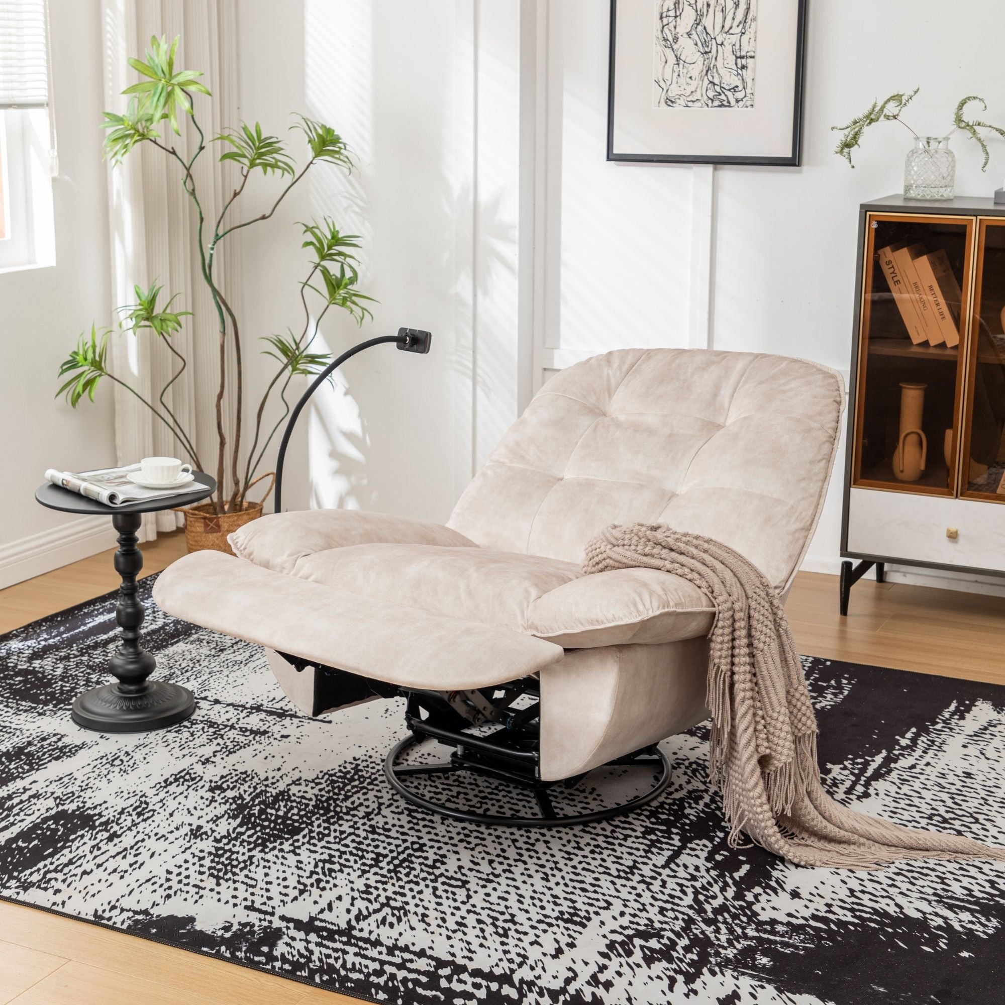 Modern Swivel Gliding Recliner Chair With Rocking Function And Phone Holder, Large Comfortable