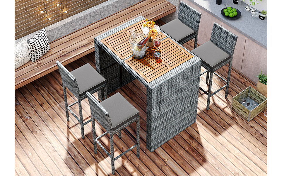 5 Pieces Outdoor Patio Wicker Bar Set, Bar Height Chairs With Non-Slip Feet And Fixed Rope, Removable Cushion, Acacia Wood Table Top - Brown / Gray
