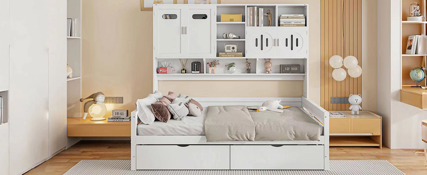 Daybed With All-In-One Cabinet And Shelf