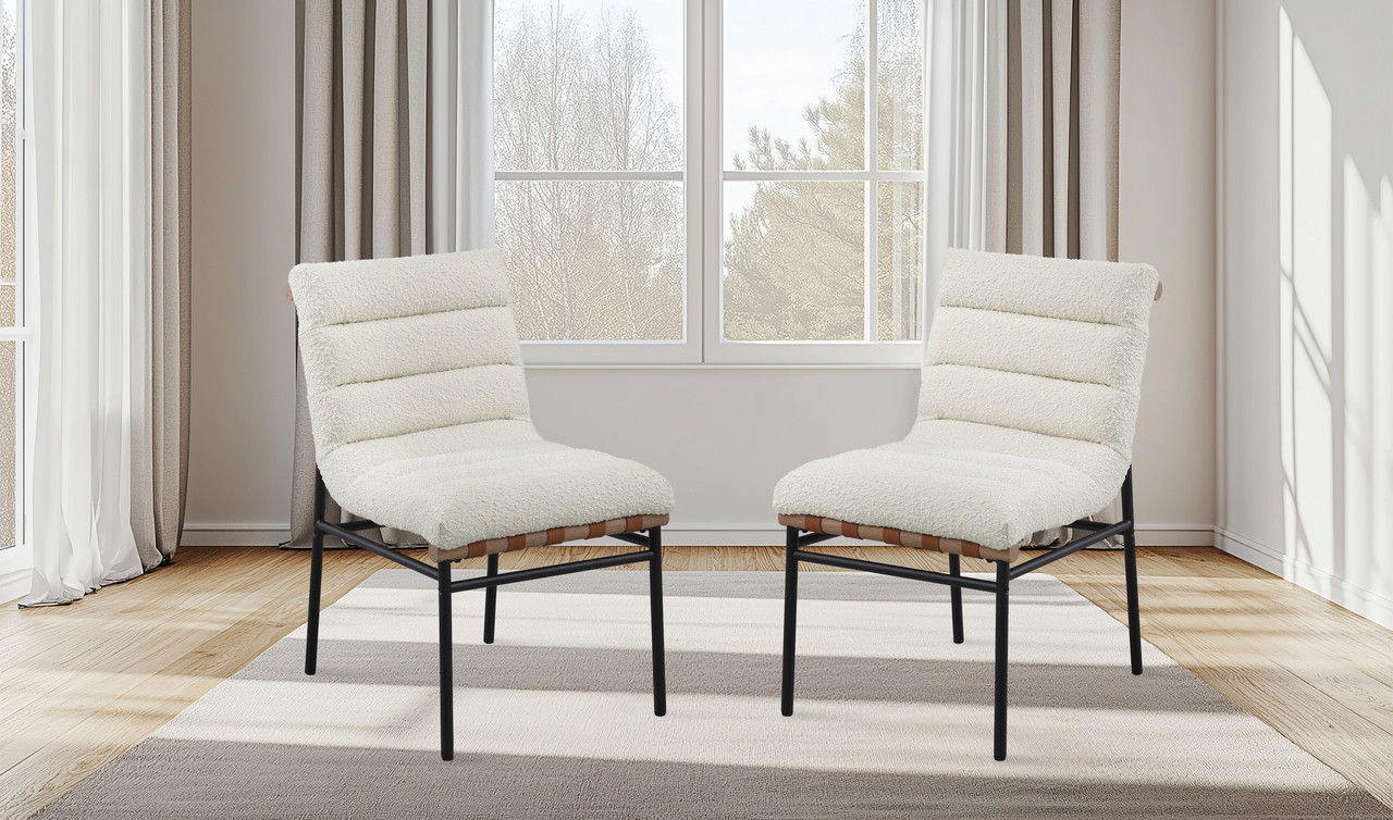 Lahni White Boucle Fabric Set of 2 Dining Chair with Black Iron Legs