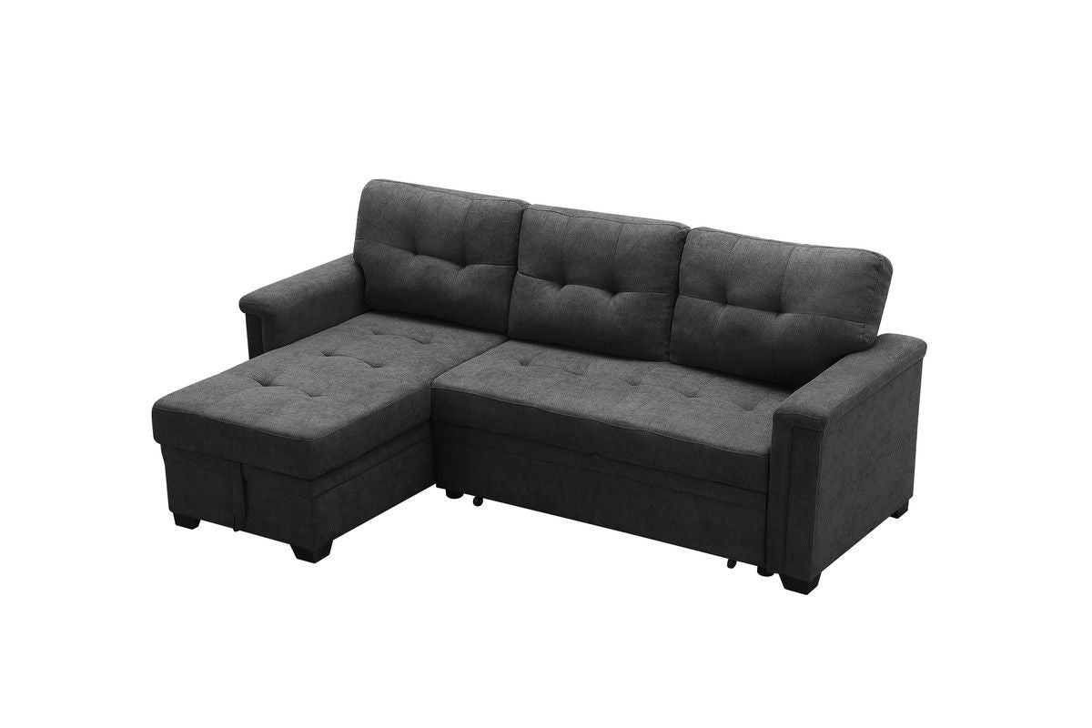 Ashlyn 84"W Dark Gray Woven Fabric Sleeper Sectional Sofa Chaise with USB Charger and Tablet Pocket