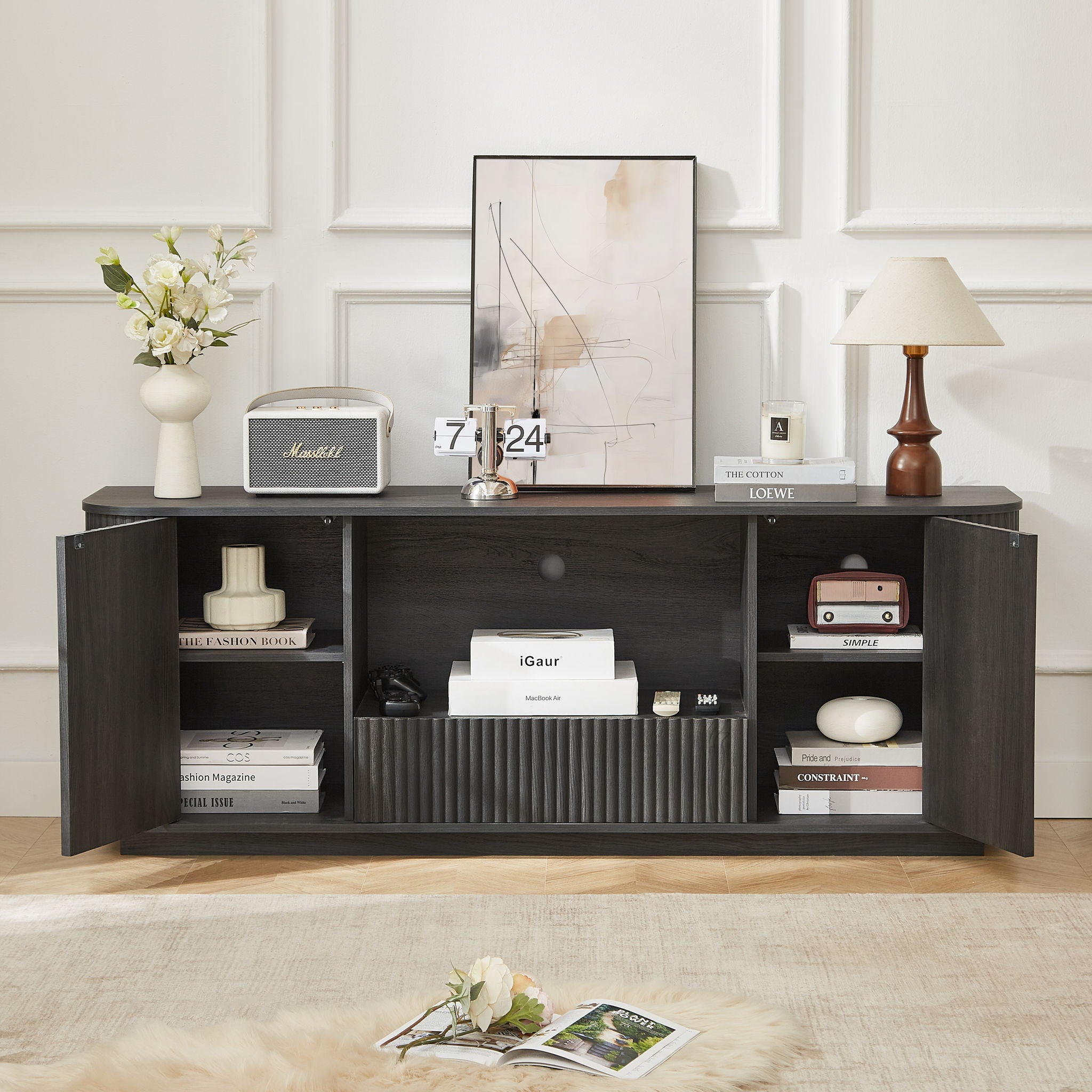 Modern Wavy TV Stand Rounded Sideboard With Storage Cabinet