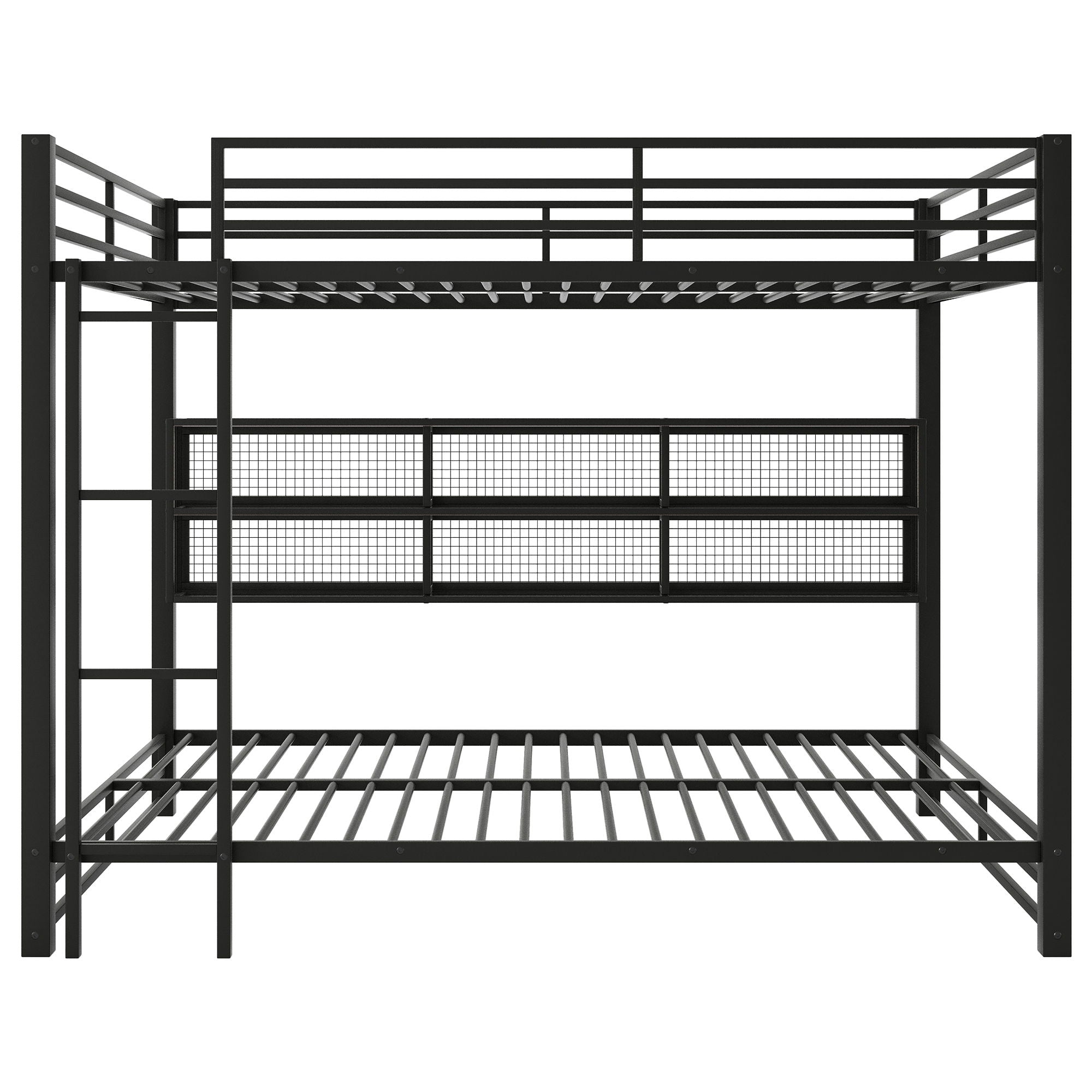 Queen Over Queen Bunk Bed With Storage Cabinets And LED Sturdy Frame, 6 Storage Units, Adjustable LED Lights - Black