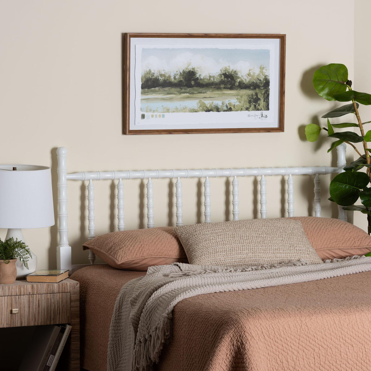 Edaline Bamboo Motif Headboard - Crafted Wood Panel with Decorative Turned Spindle Design for Boho Costal Bedroom, Queen, White