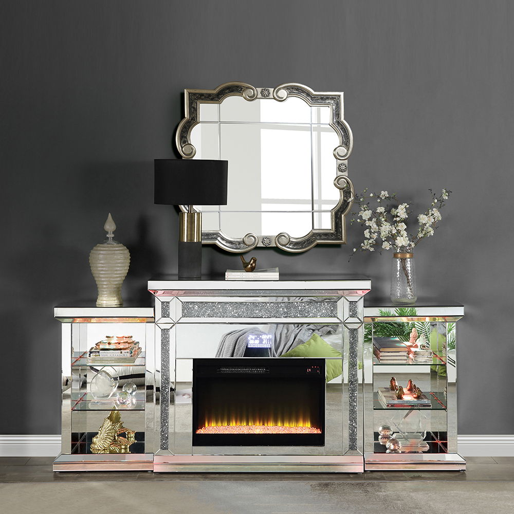 Noralie - Fireplace With LED & Bluetooth - Mirrored & Faux Diamonds