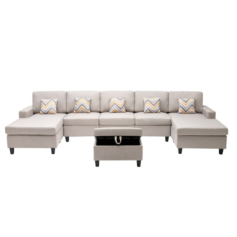 Nolan 152"W Beige Linen Fabric 6Pc Double Chaise Sectional Sofa with Interchangeable Legs, Storage Ottoman, and Pillows