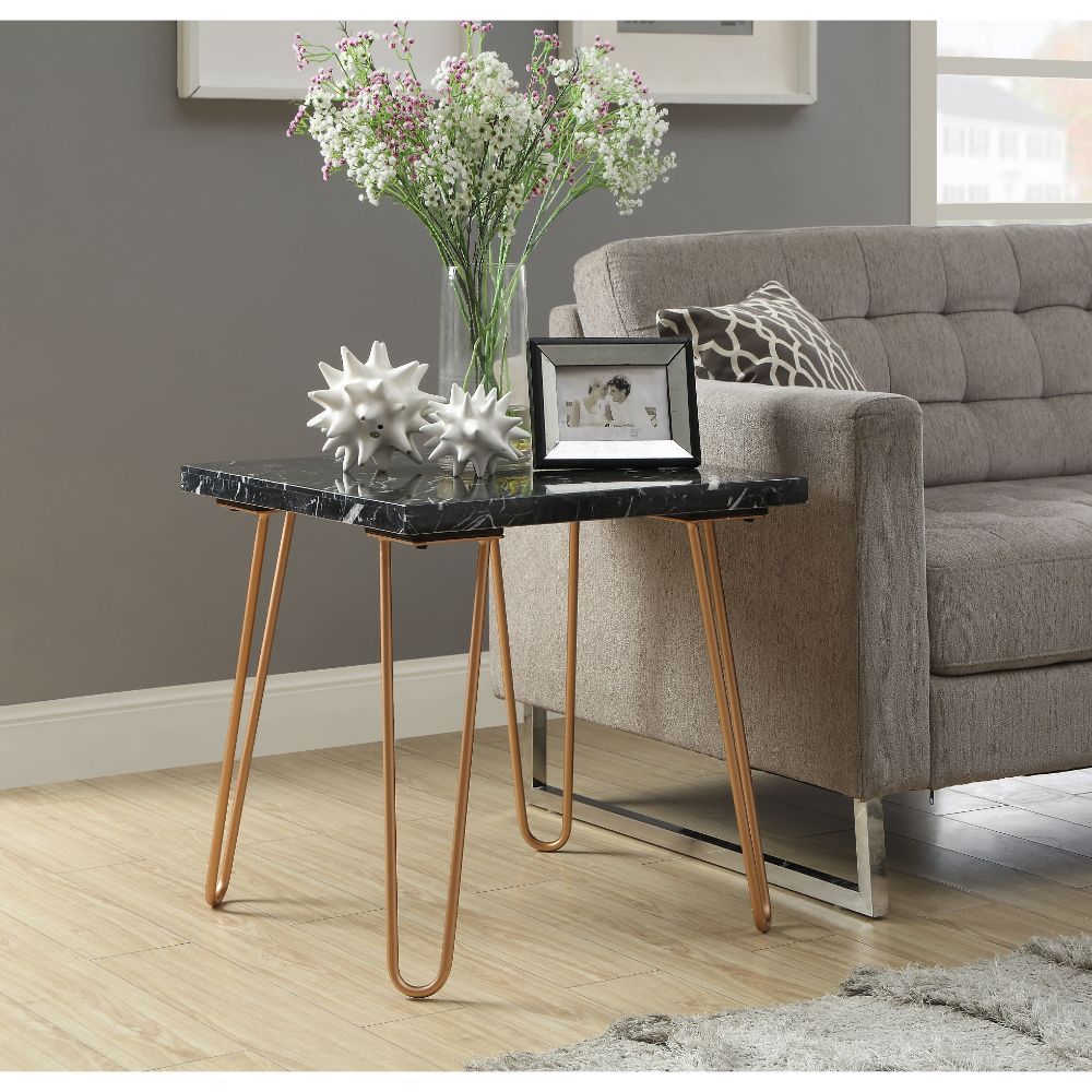 ACME KD, Square End Table • No Storage: (Open Base) • Marble Top: Real Marble, Ply, Top Size: 1 Inch Thick (32mm), (Fixed Top/No Apron) • Metal Geometric Leg: Metal Tube | Meri Furniture