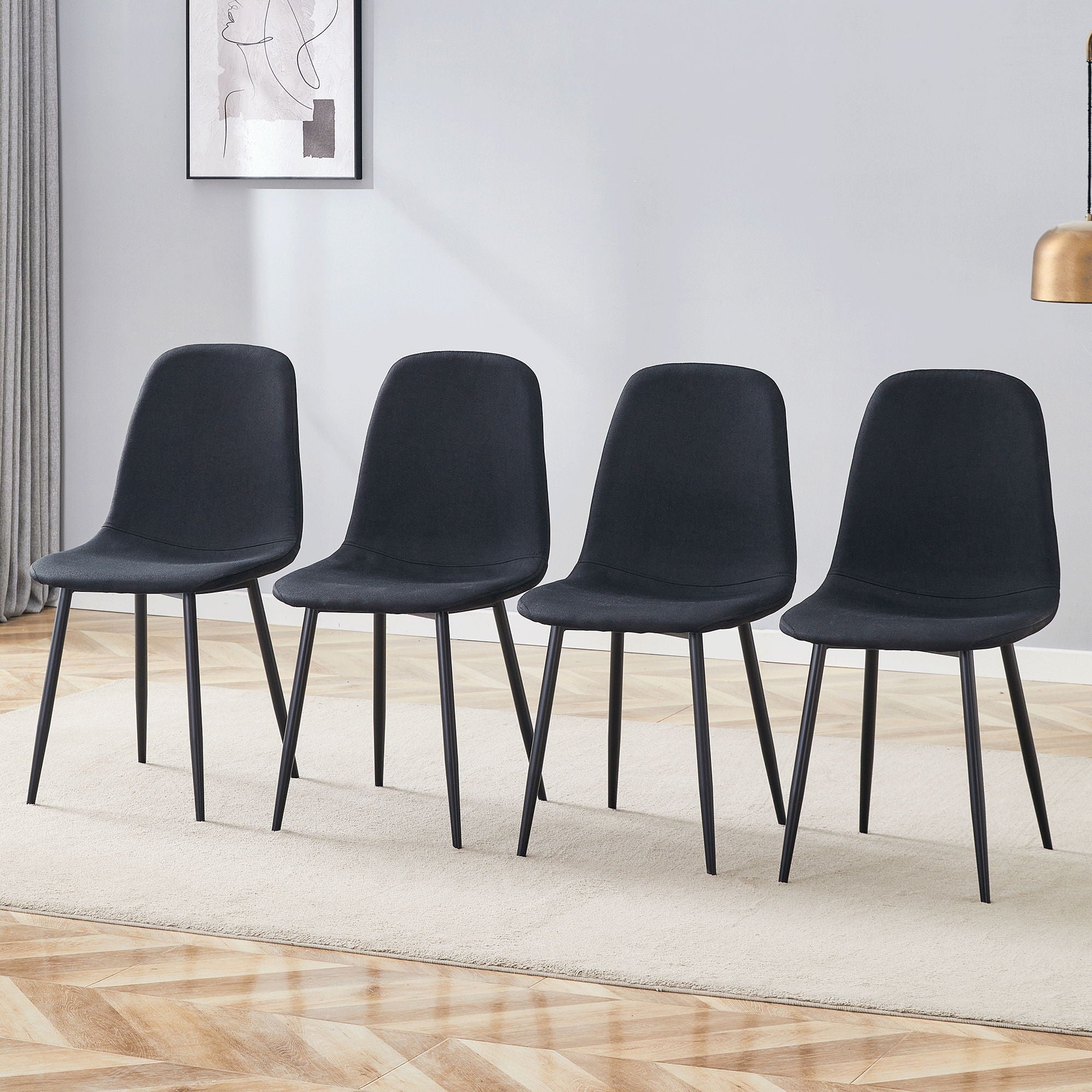 Modern Medieval Style Cushioned Side Chairs Set With Black Metal Legs For Kitchens
