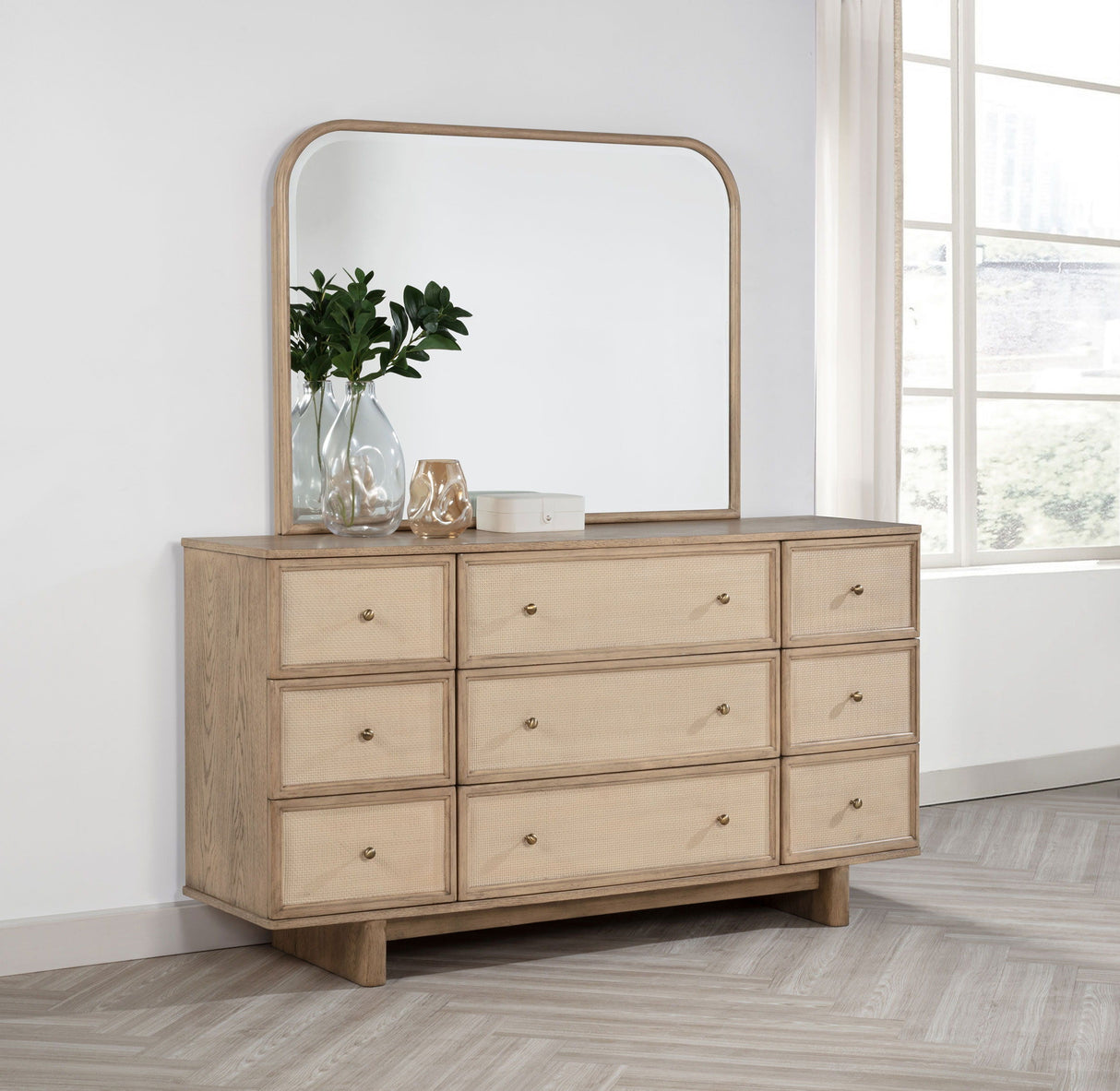 Kailani - 9-Drawer Dresser & Mirror - Beige Oak