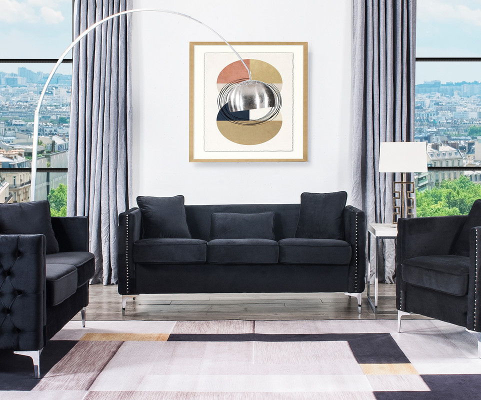 Bayberry 73"W Black Velvet Sofa with 3 Pillows