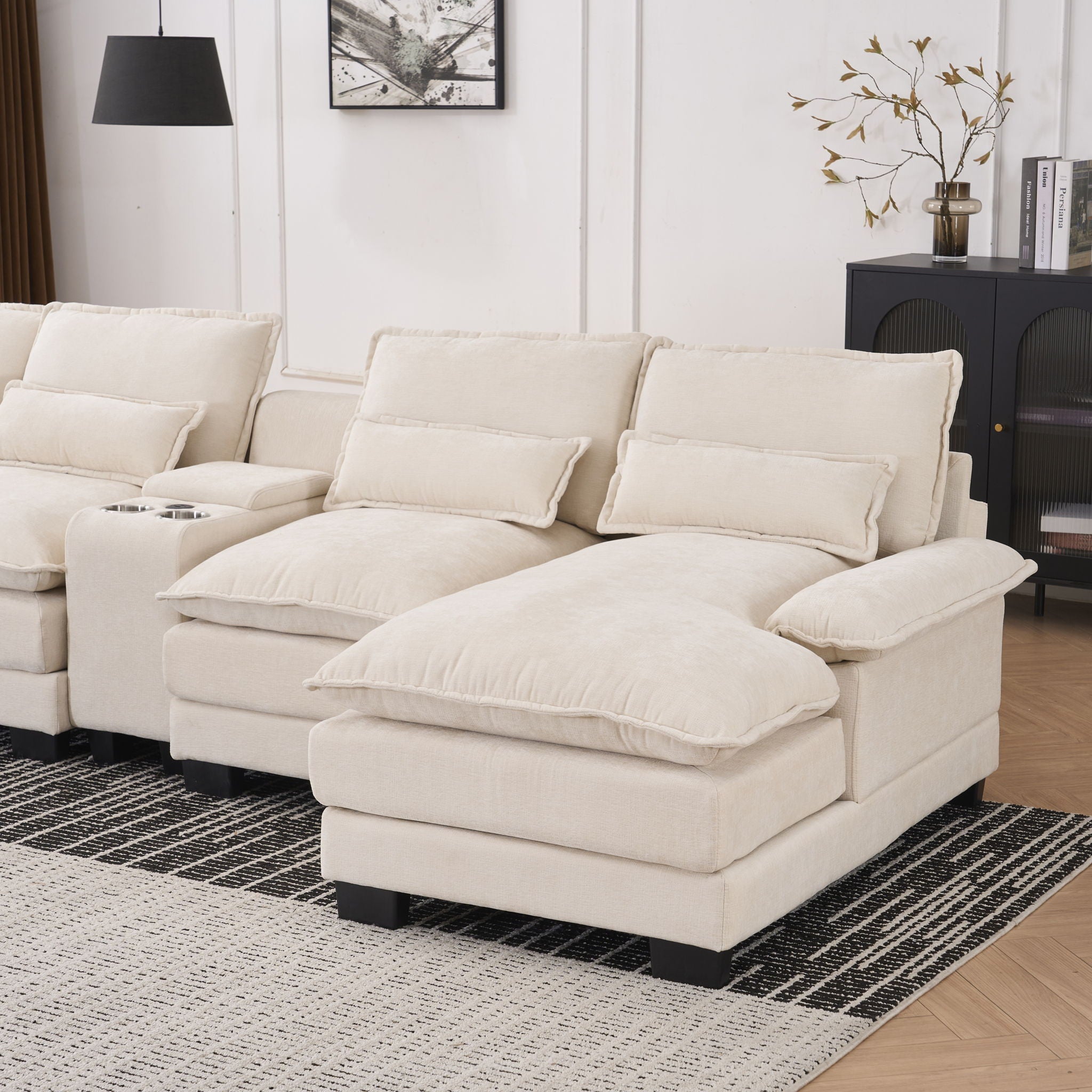 U Shaped Sofa With Console, Cupholders, USB Ports, 6 Seat, Bronzing Suede & Chenille