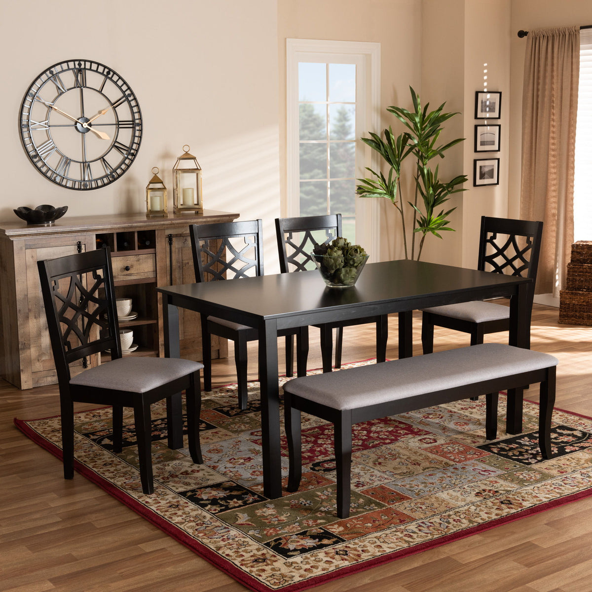 Dori Modern and Contemporary Grey Fabric Upholstered and Dark Brown Finished Wood 6-Piece Dining Set