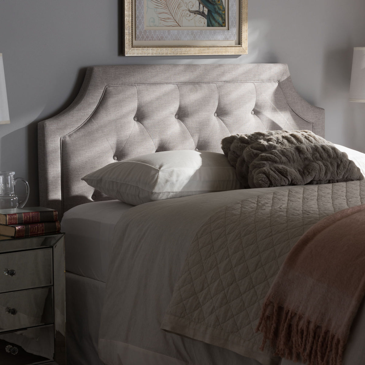 Mars Modern and Contemporary Greyish Beige Fabric Full Size Headboard