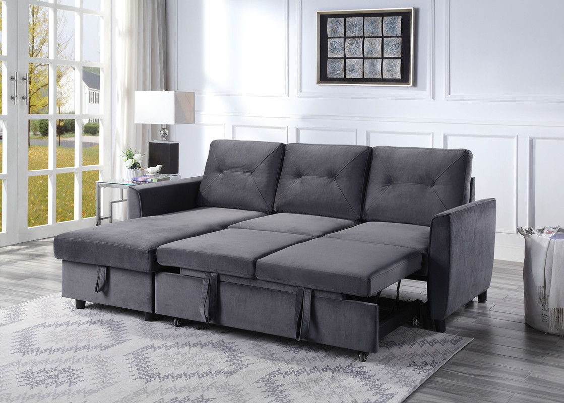 Hudson 83"W Dark Gray Velvet Reversible Sleeper Sectional Sofa with Storage Chaise
