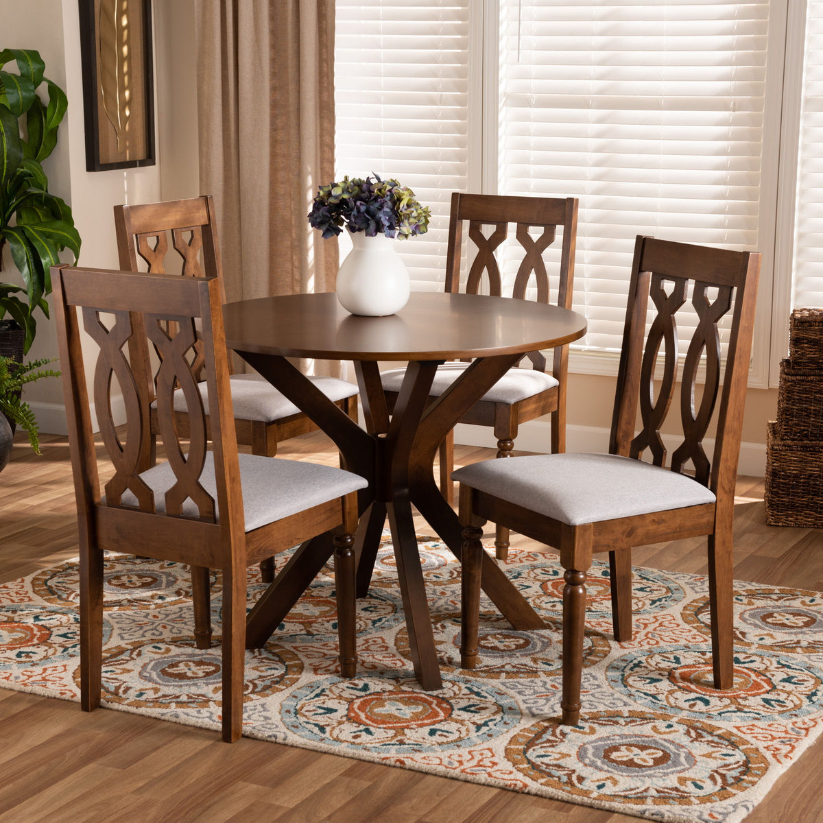 Callie Modern and Contemporary Grey Fabric Upholstered and Walnut Brown Finished Wood 5-Piece Dining Set