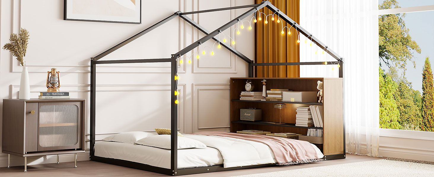 Bed House Frame With Shelves And Lights