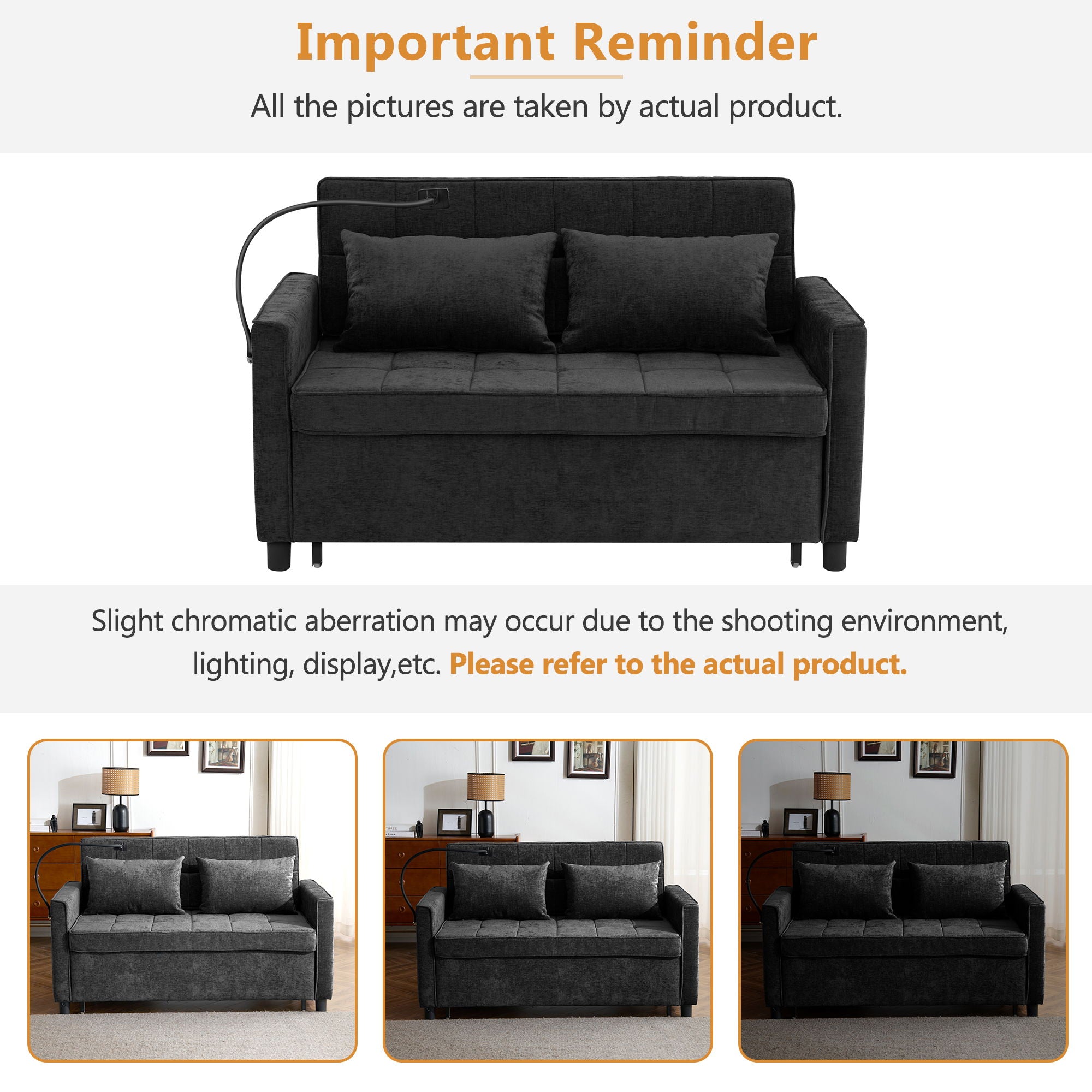 Loveseat Sofa Bed Sleeper With Reversible Backrest, Side Pockets, USB Ports, Phone Holder