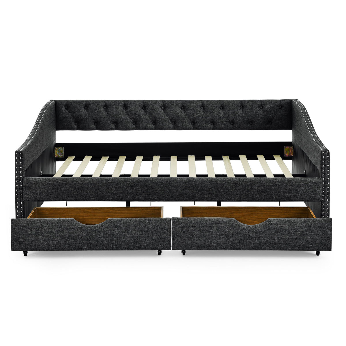 Full Size Upholstered Daybed With Tufted Back And Nail Trimmed Waved Arms - Dark Gray
