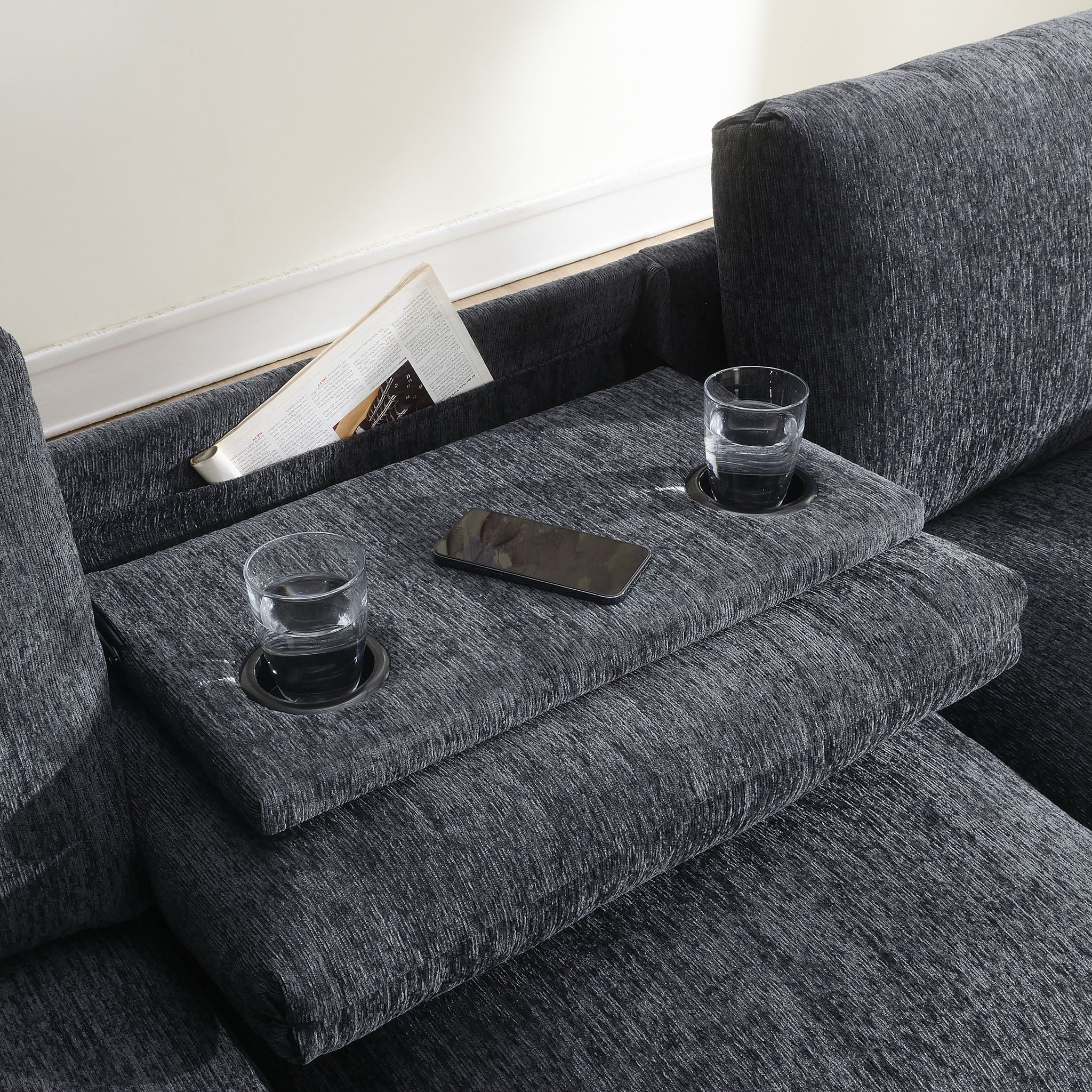 Sectional With Bluetooth Speaker Comfy Cloud Couch Set With Drop Down Table Cup Holders, USB Charger Storage Armrest Wide Seat Sofa