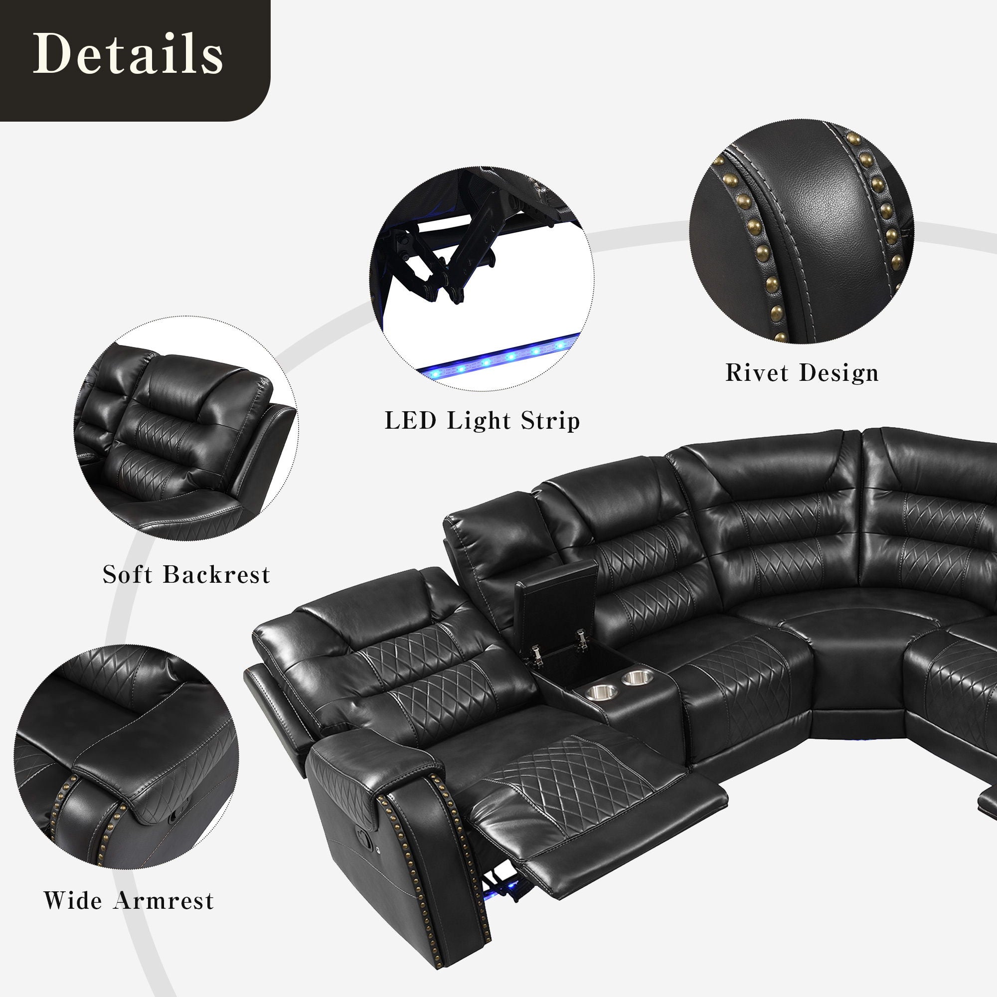 Manual Reclining Sectional Sofa Set, L Shaped Symmetrical Motion Sofa Corner Couch Sets With Storage Boxes, 4 Cup Holders And LED Light Strip For Living Room