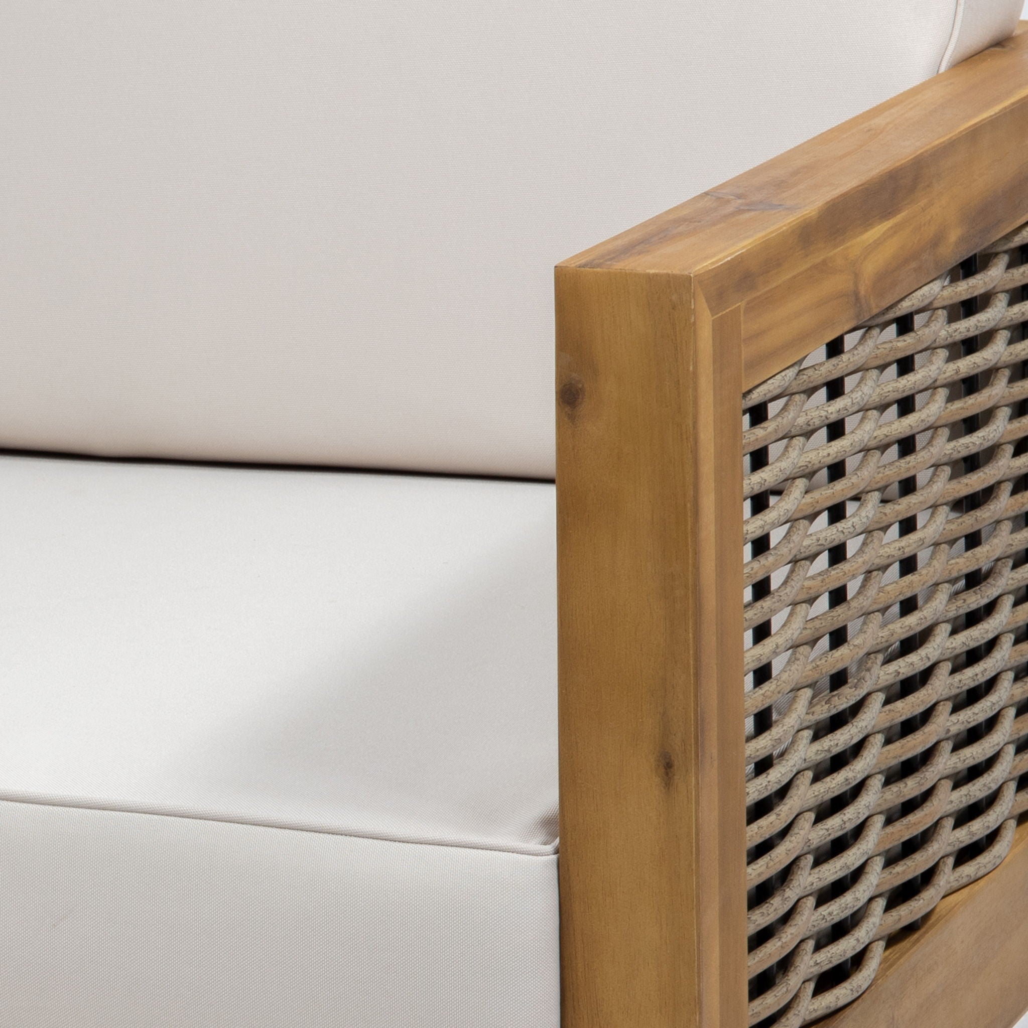 Outdoor 4 Seater Acacia Wood Chat Set With Wicker Accents And Cushions - Teak / Mixed Brown / Beige