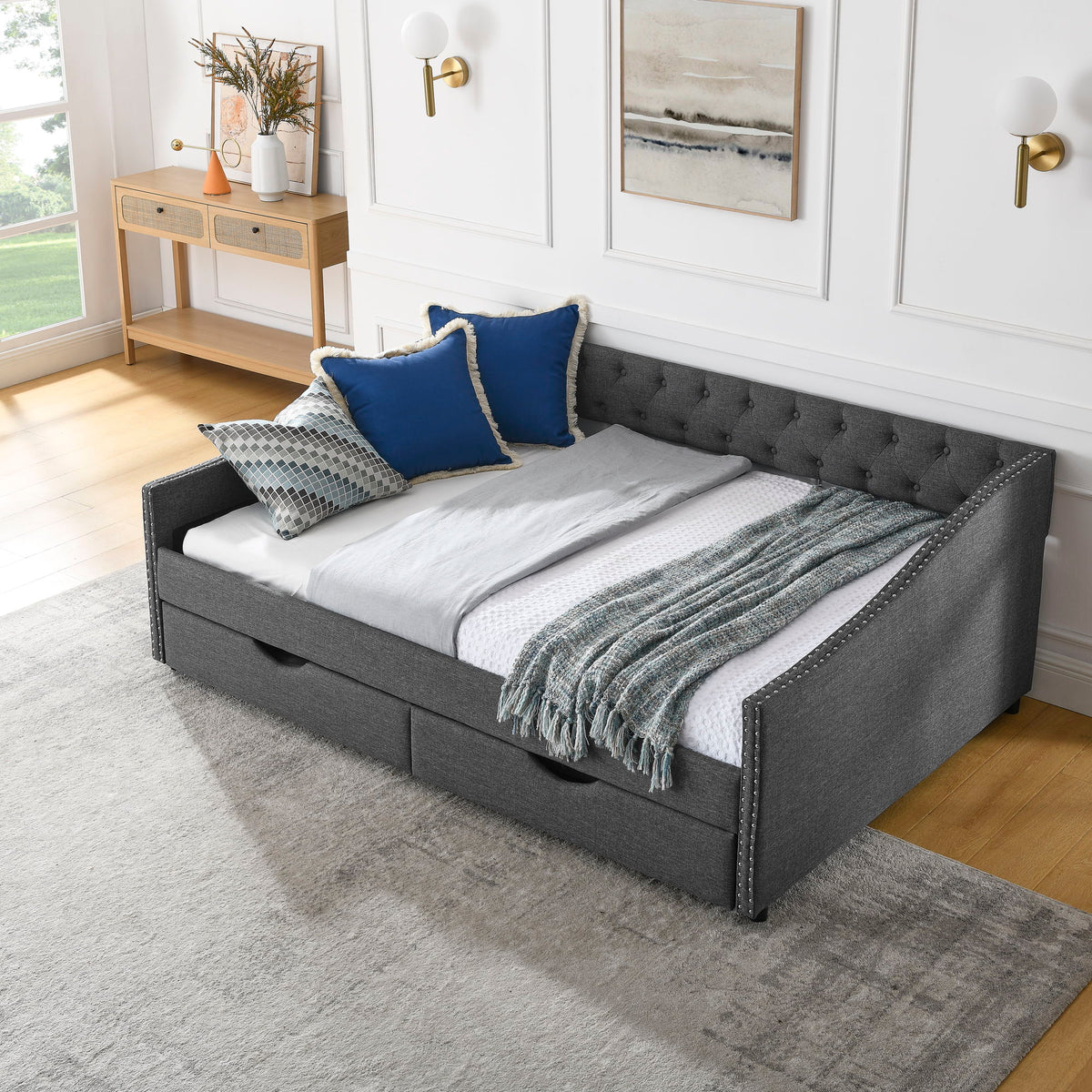Full Size Upholstered Daybed With Tufted Back And Nail Trimmed Waved Arms - Dark Gray
